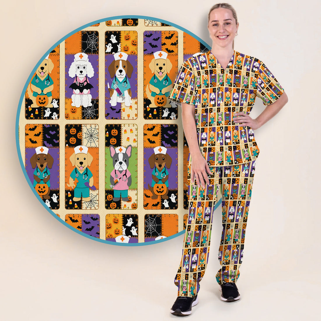 Spooky Halloween Dog Veterinary Scrub Set, Scrub Pants and V Neck Top