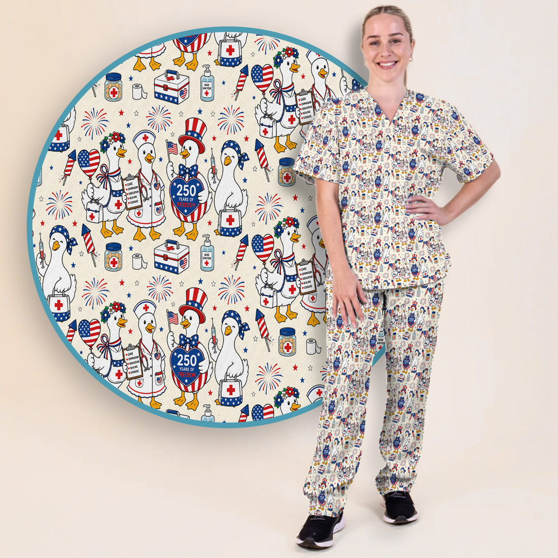 Funny Patriotic Goose Nurse for RN, CNA, Healthcare Workers Scrub Set, Scrub Pants and V Neck Top