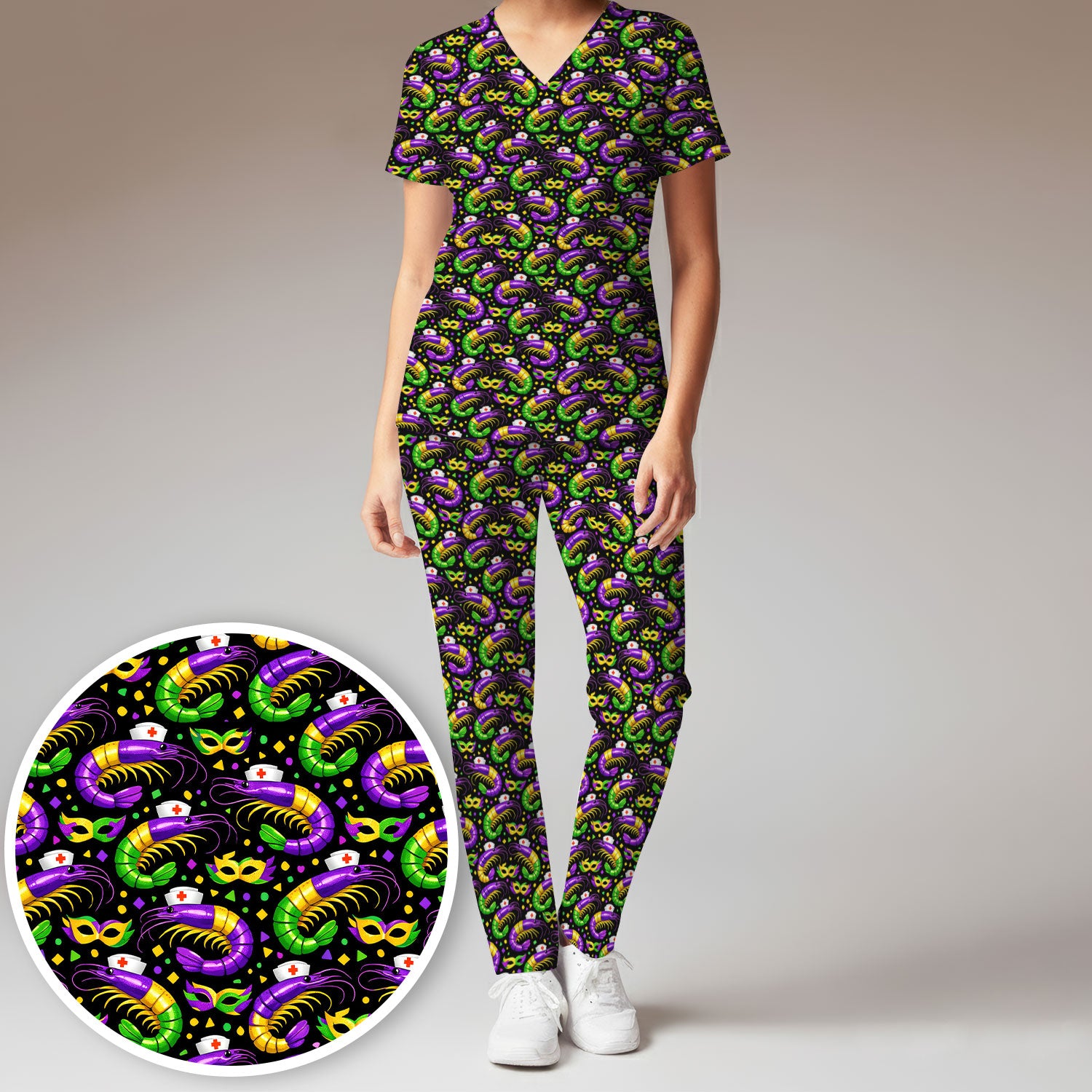 Mardi Gras Pattern Scrub Set, Crawfish Carnival Medical Nurse Scrub Shirt, Breathable Fabrics Nursing Uniform