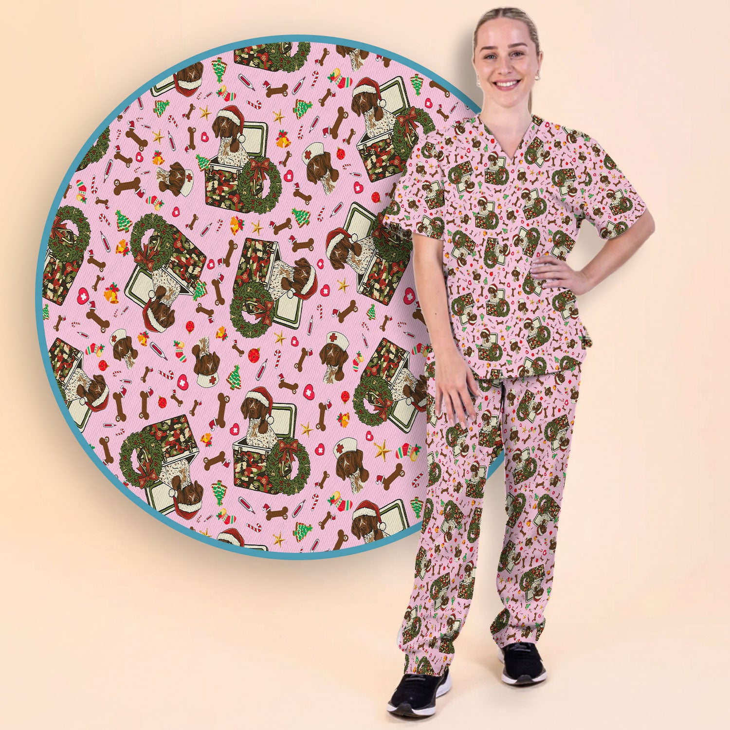 Christmas Dachshund Scrub Set - Cute Sausage Dog Nursing Pants and V Neck Top - Funny Holiday Medical Uniform