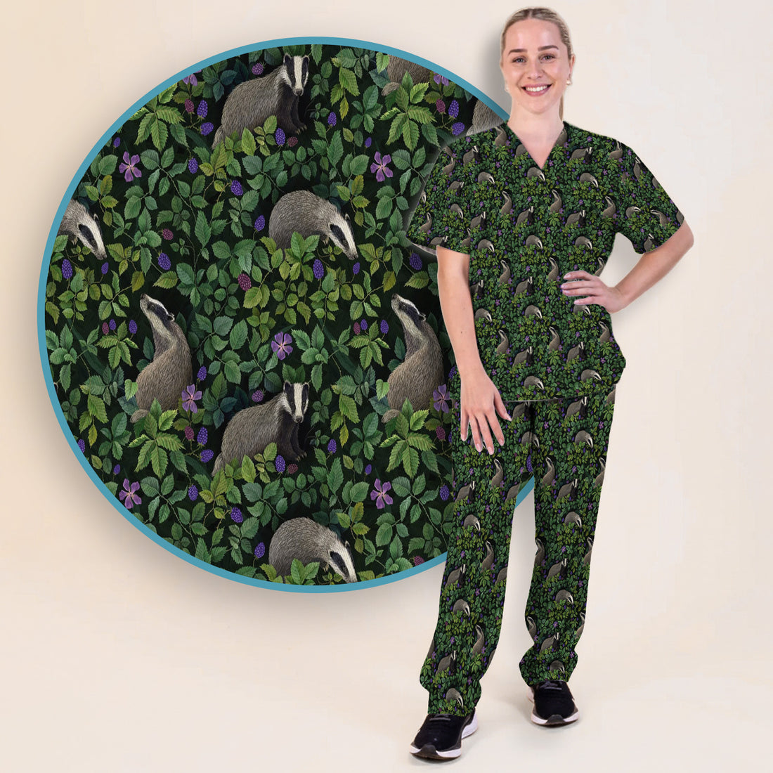 Woodland Badger Forest Pattern Scrub Set, Scrub Pants and V Neck Top