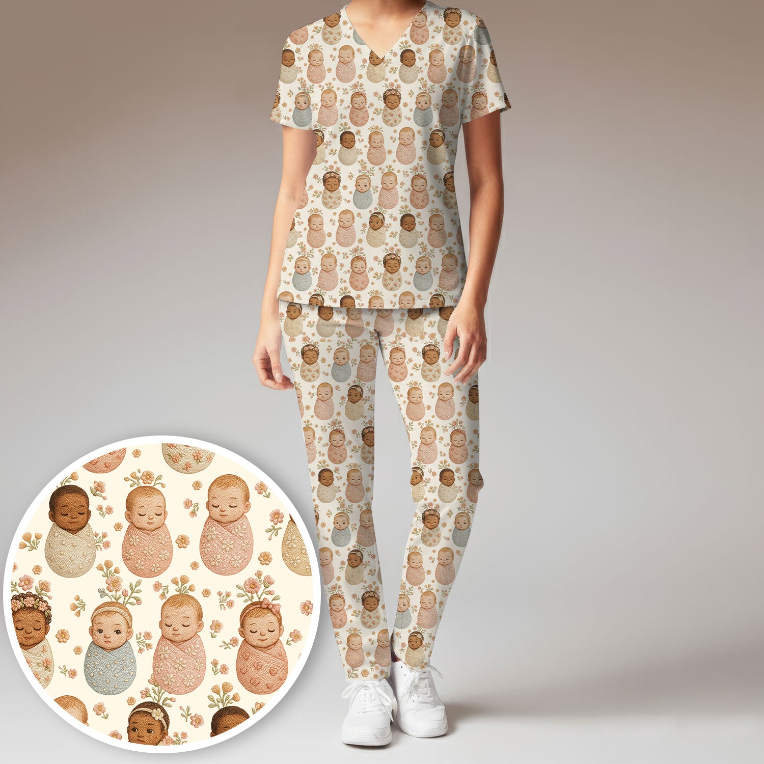 Sweet Newborn Baby Floral Print Women's Scrub Set, Breathable Med Uniform