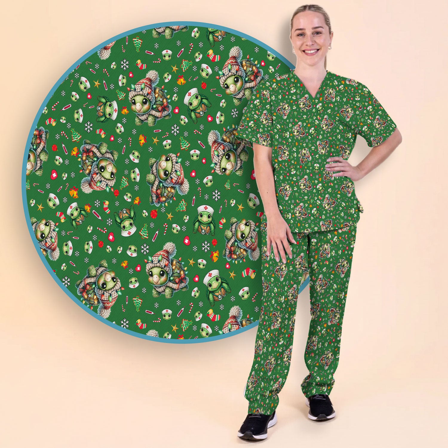 Christmas Turtle Scrub Set - Cute Funny Nurse Pants and V Neck Top - Holiday Medical Uniform for Women