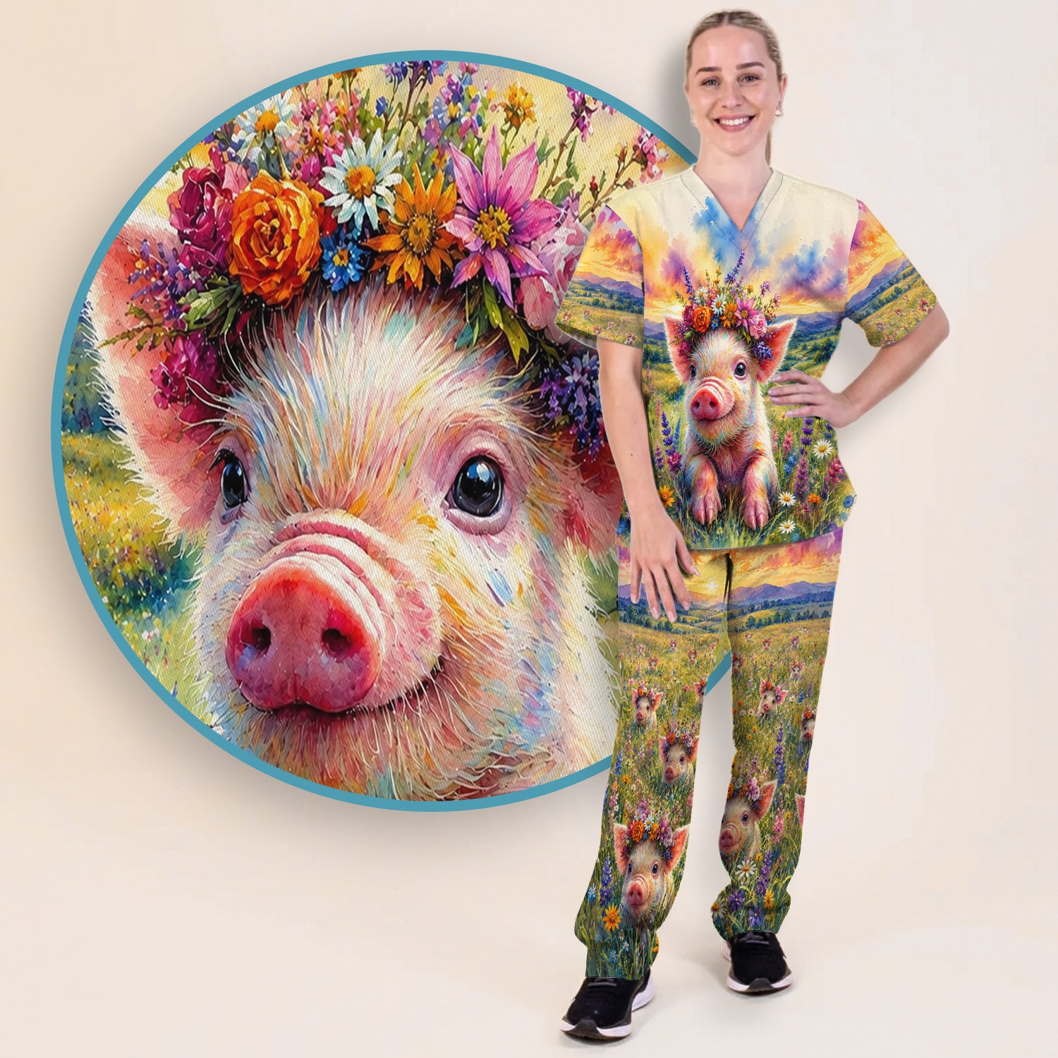 Cute Floral Piglet Pediatric Pattern Scrub Set, Scrub Pants and V Neck Top