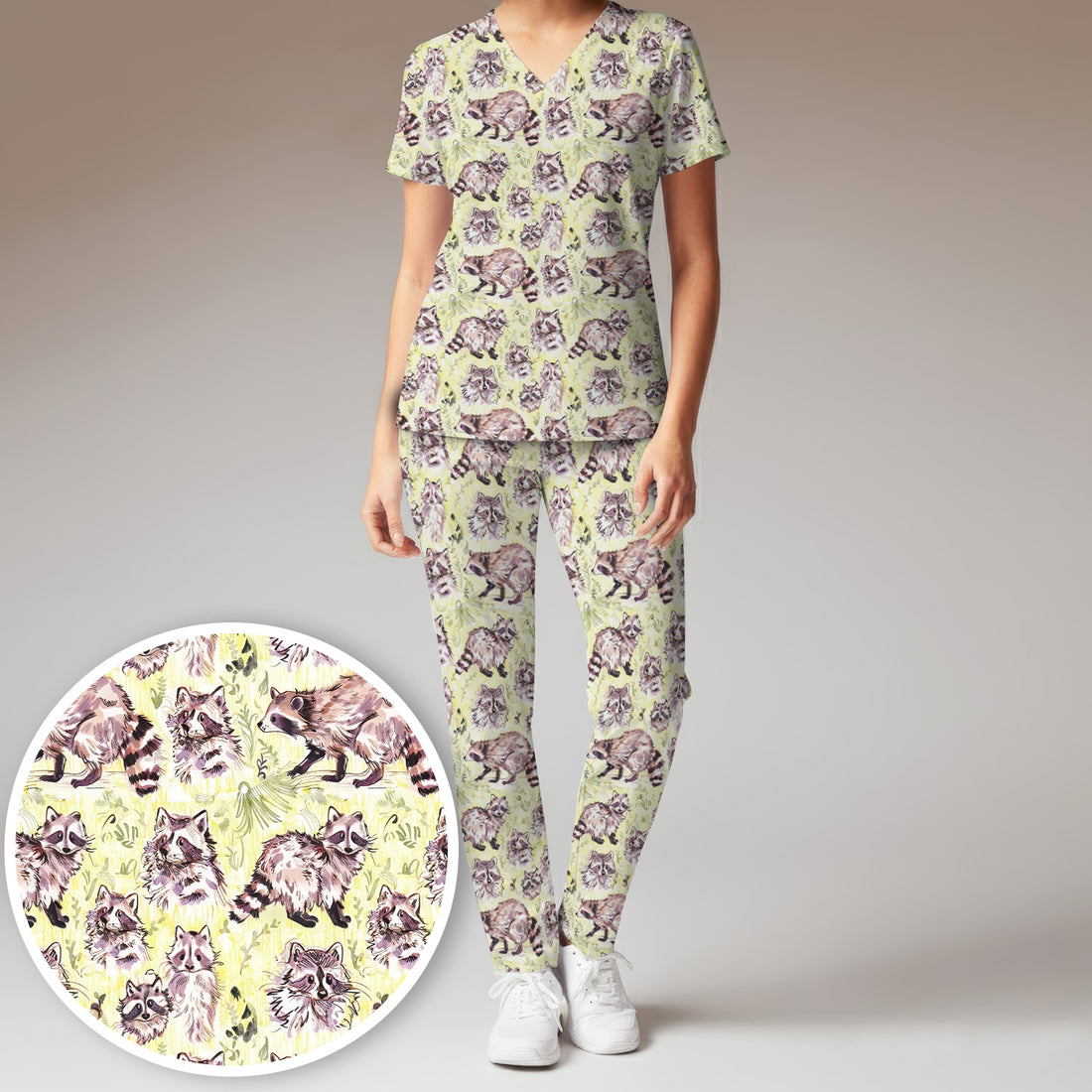 Cute Woodland Raccoon Forest Animal Pattern Scrub Set, Scrub Pants and V Neck Top