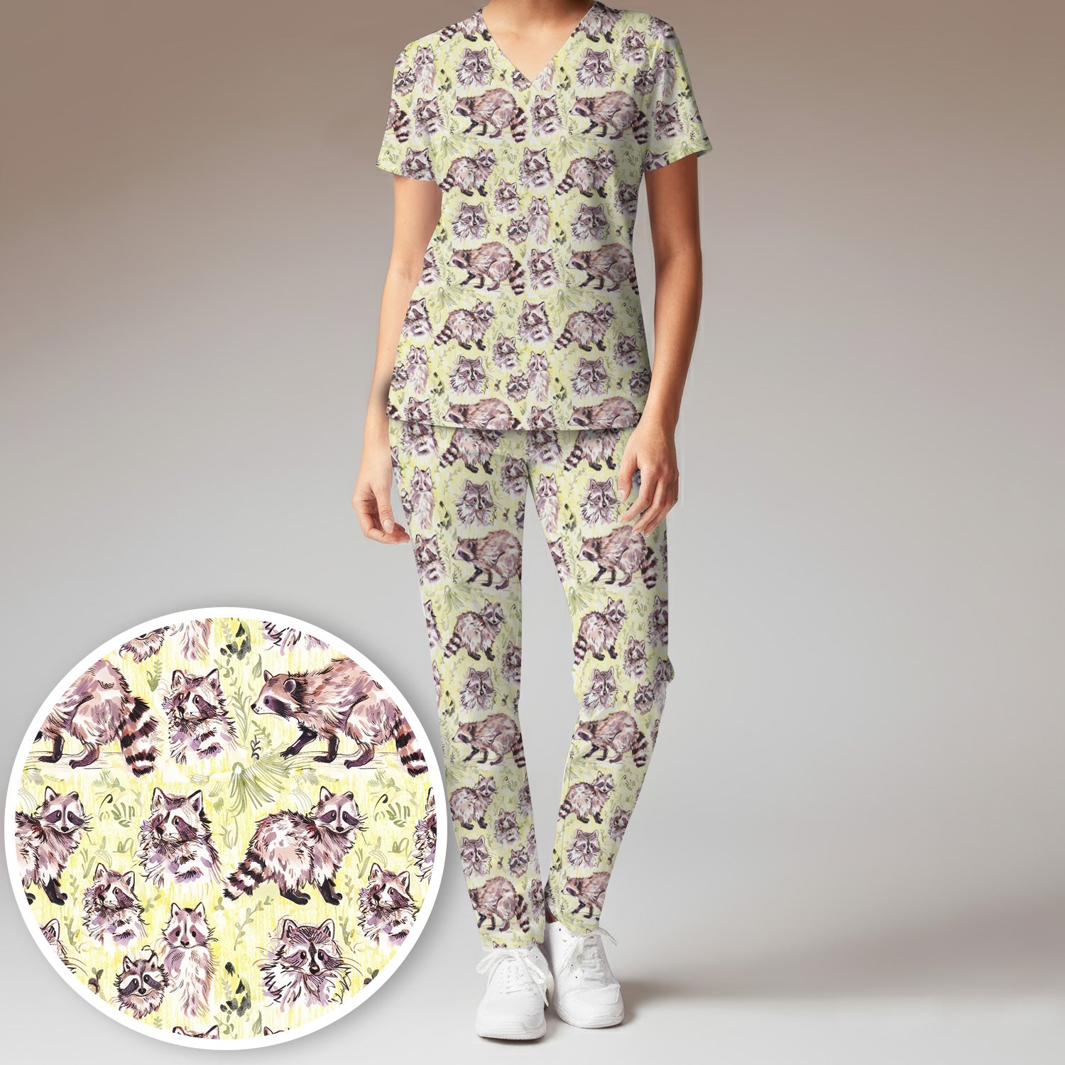 Cute Woodland Raccoon Forest Animal Pattern Scrub Set, Scrub Pants and V Neck Top