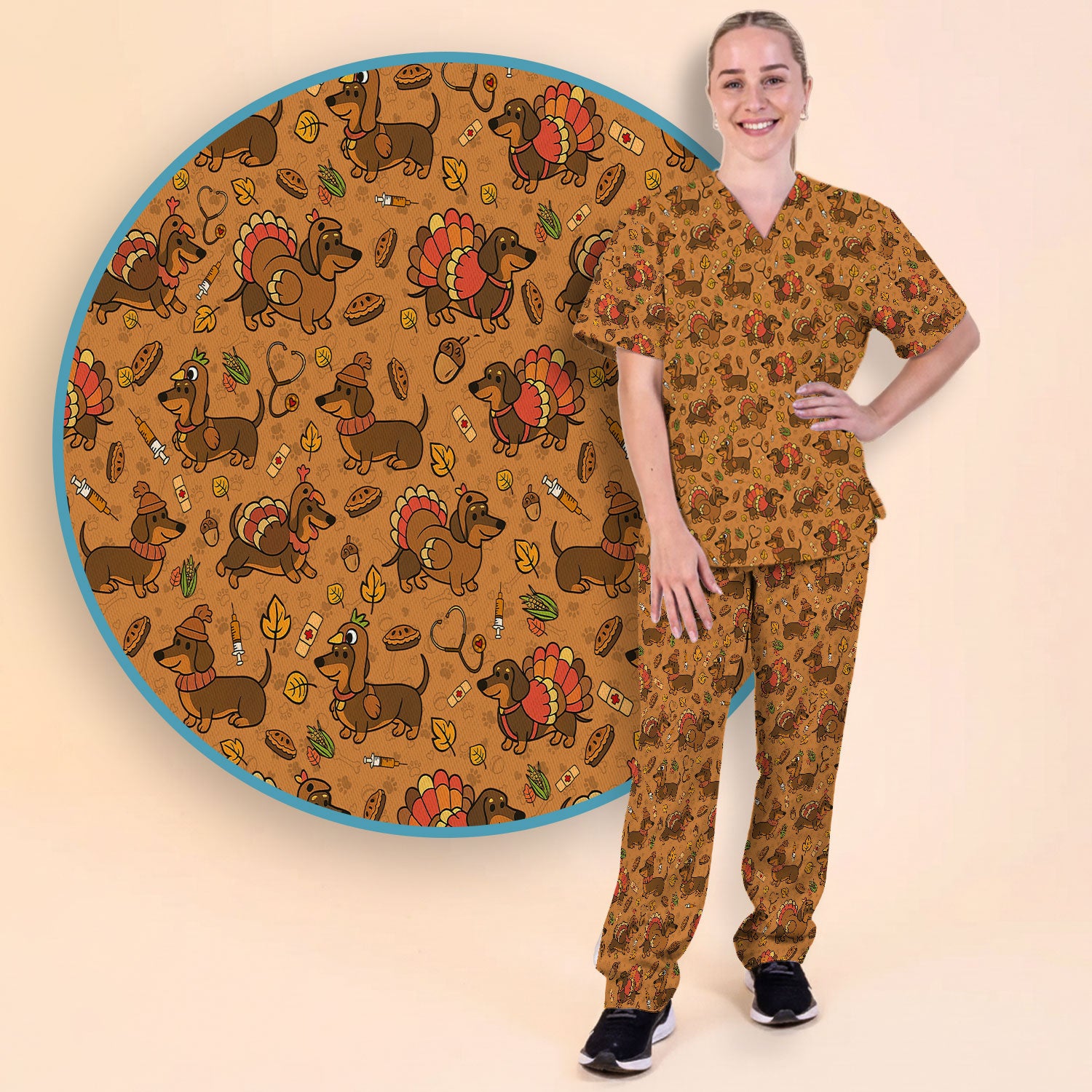 Thanksgiving Dachshund Scrubs Set - Cute Dog Turkey Medical Uniform for Nurses - Funny Holiday Gift for RN CNA LPN