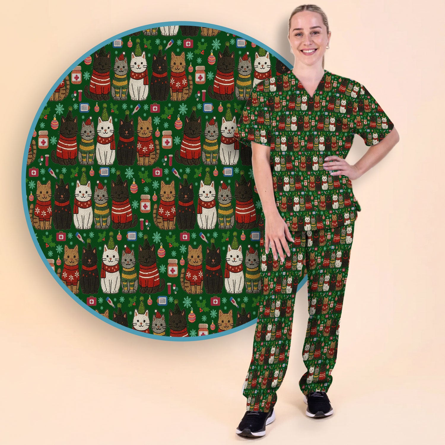 Christmas Cat Scrub Set, Festive Holiday Scrubs With Top And Pants, Cute Cat Lover Medical Uniform For Nurses And Doctors