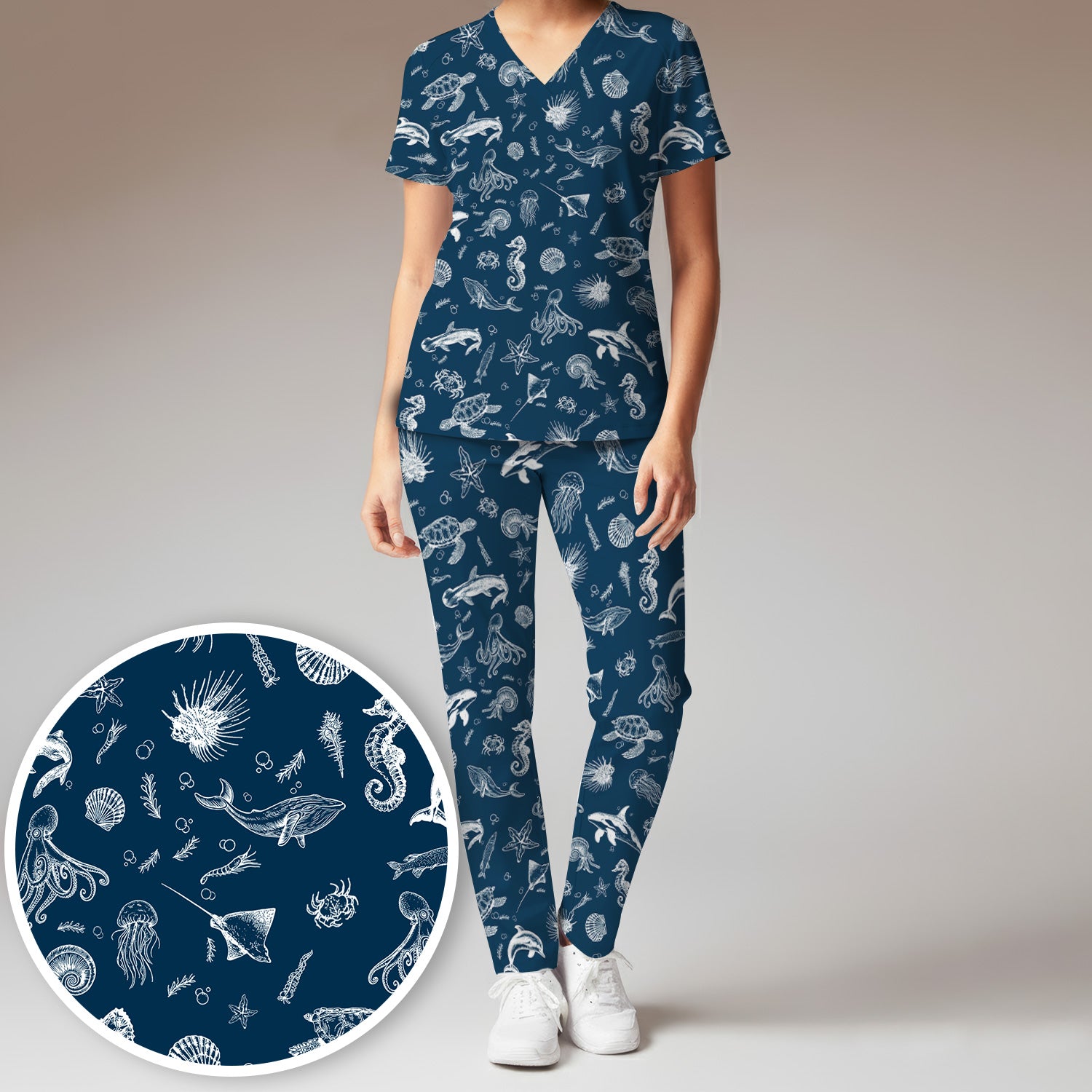 Marine Sea Life Pattern Scrub Set, Women's Scrub Sets