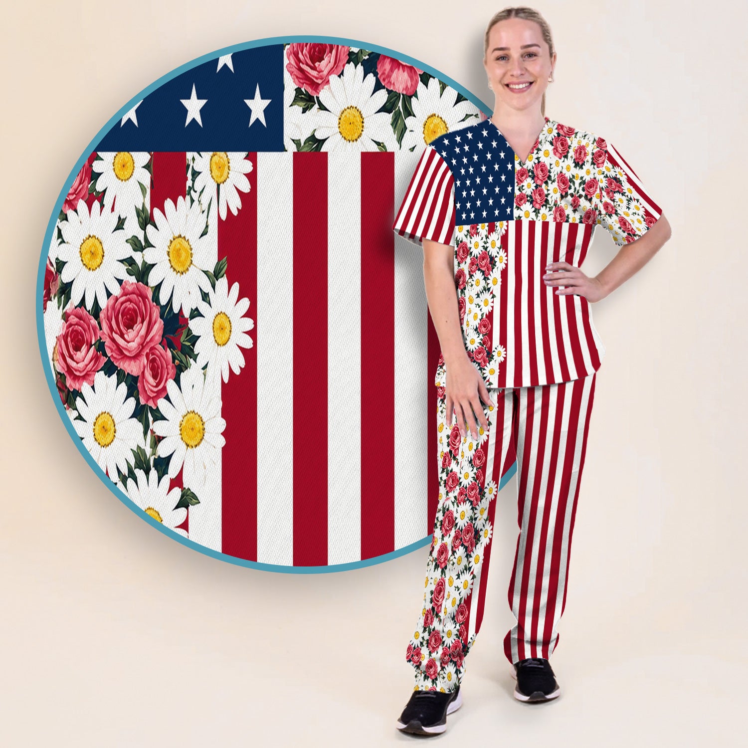 Floral American Flag Nurse Scrub Top for RN, CNA, Healthcare Workers, Patriotic Uniform Scrub Set, Scrub Pants and V Neck Top