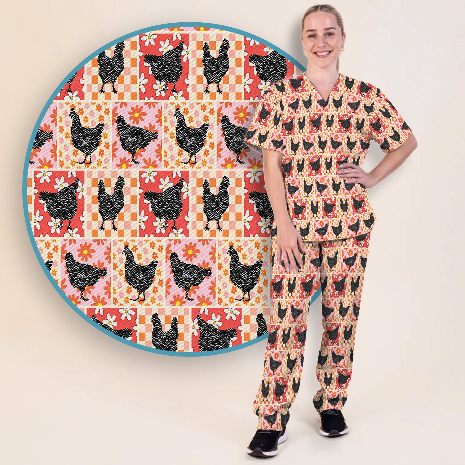Charming Chicken Patchwork Floral Pattern Scrub Set, Scrub Pants and V Neck Top
