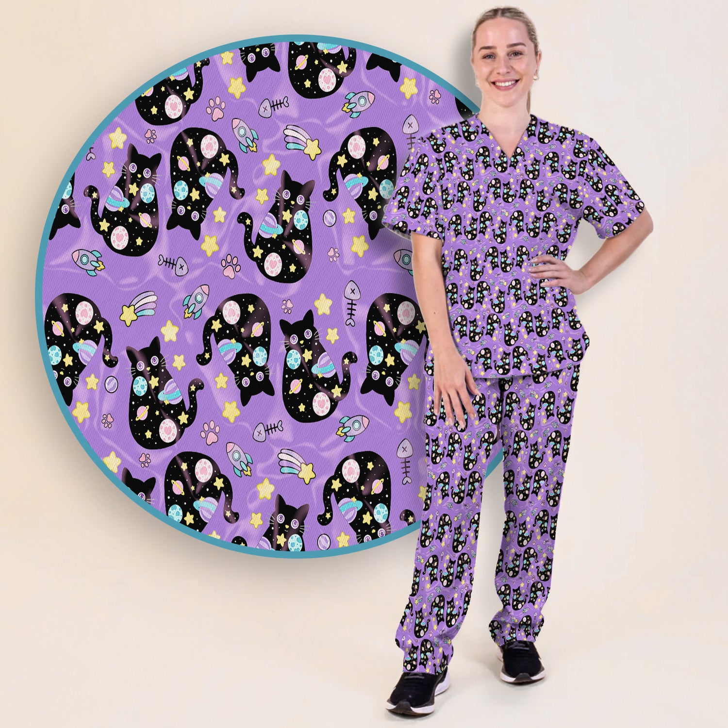 Galaxy Black Cat Space Pattern Scrub Top, Breathable Fabrics Nursing Uniform