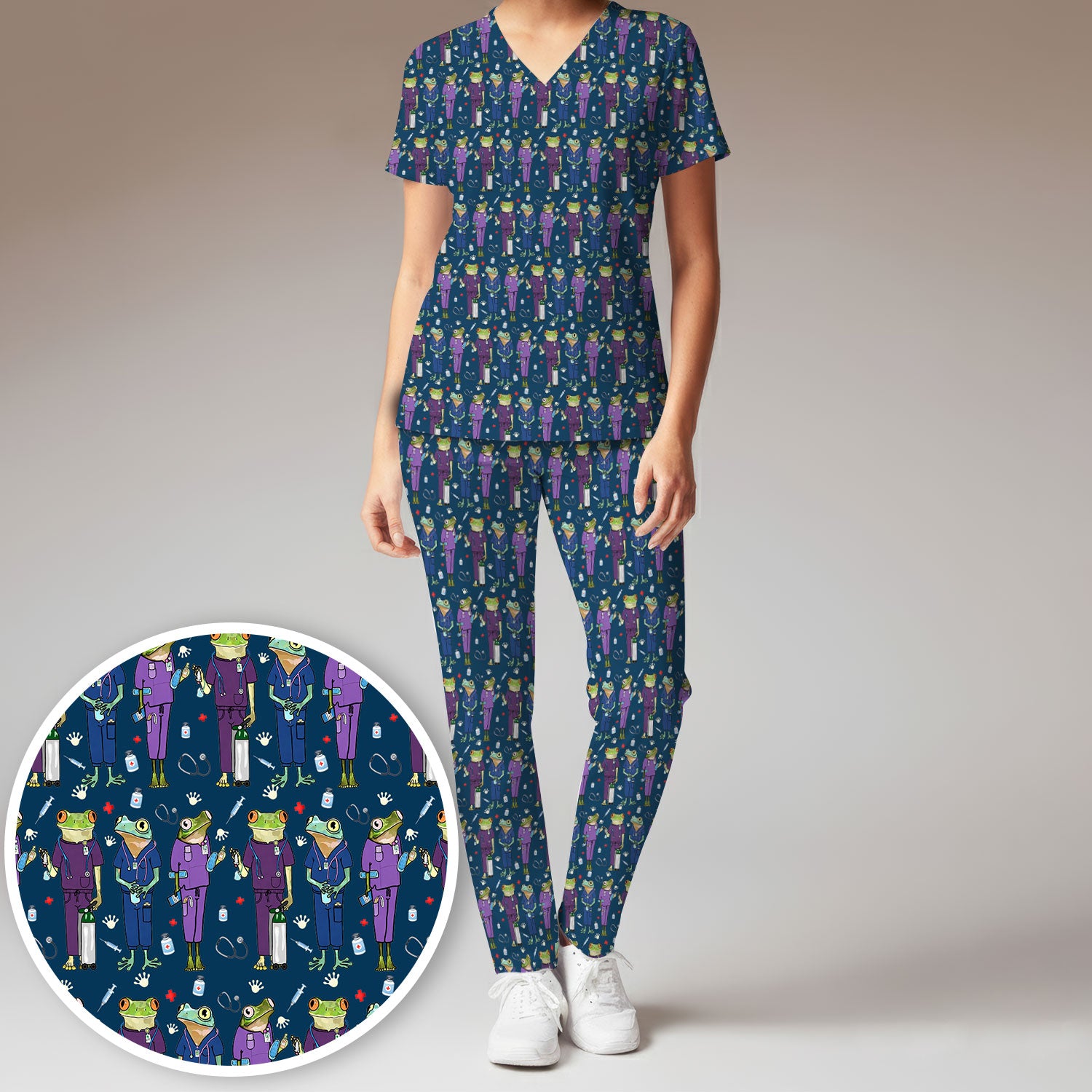 Funny Frog Nurse Pattern Scrub Set, Scrub Pants and V Neck Top