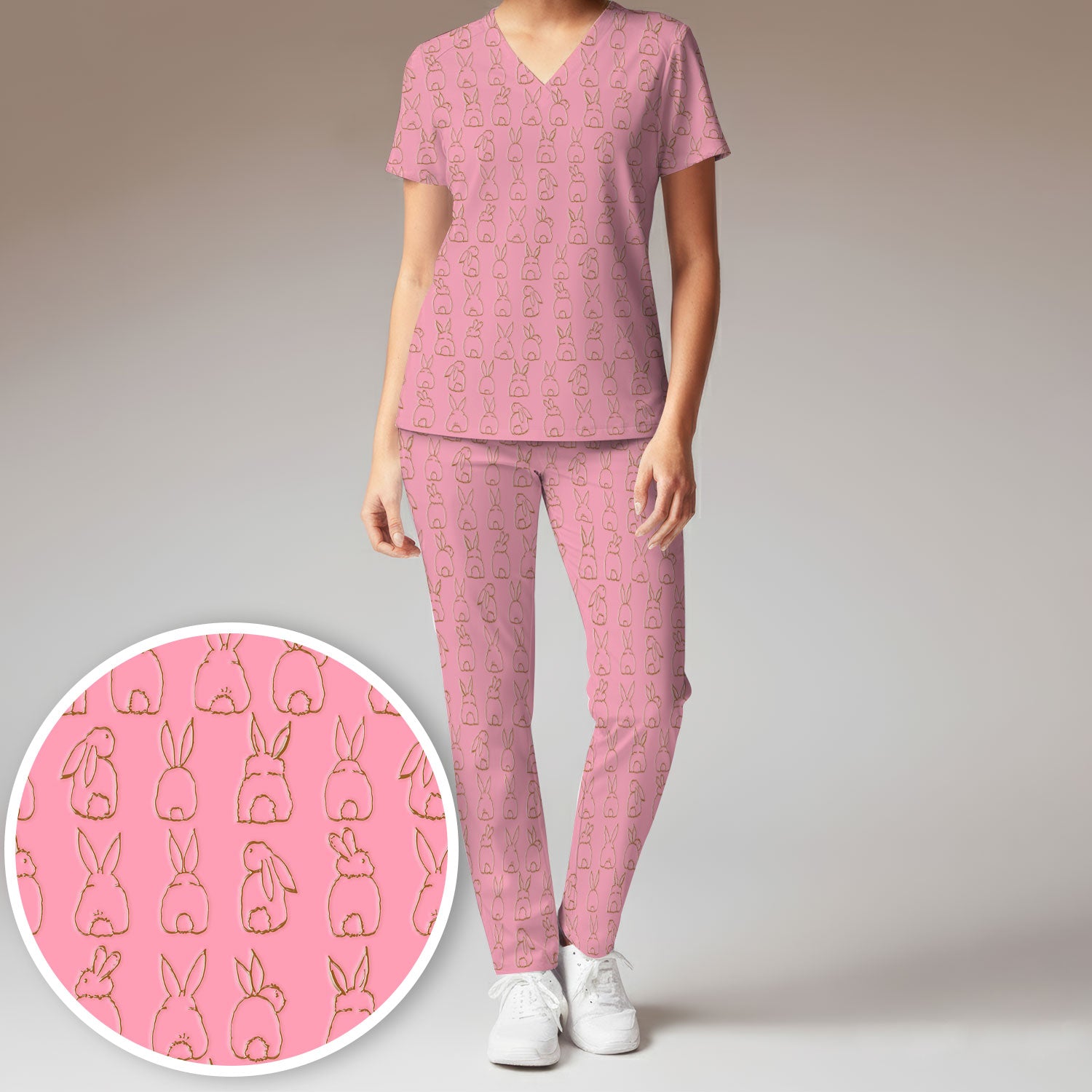 Cartoon Bunny Line Art Pattern Medical Scrub Set, Breathable Med Uniform