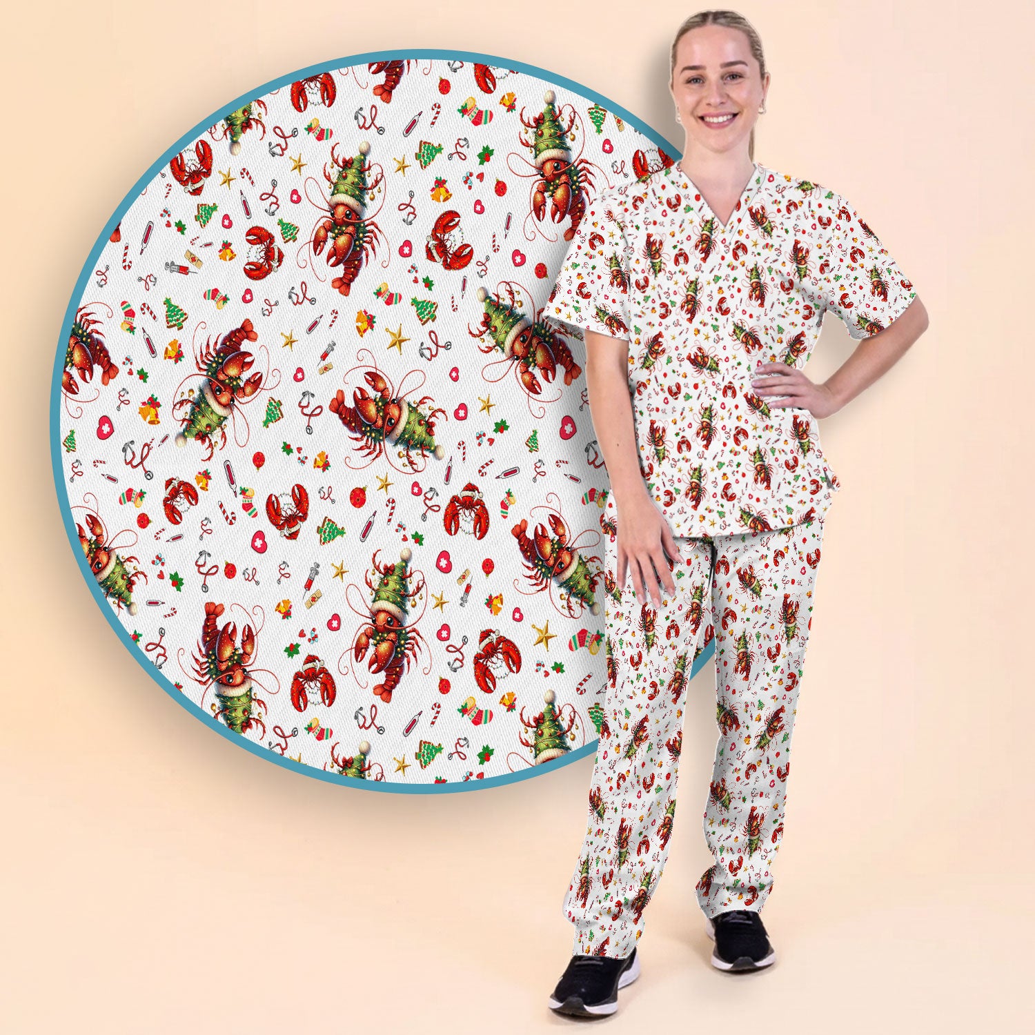 Whimsical Crawfish Christmas Scrub Set – Southern Christmas Cajun Holiday Crawfish Pattern – Cute Medical Uniform for Nurses, Vets And Healthcare Workers
