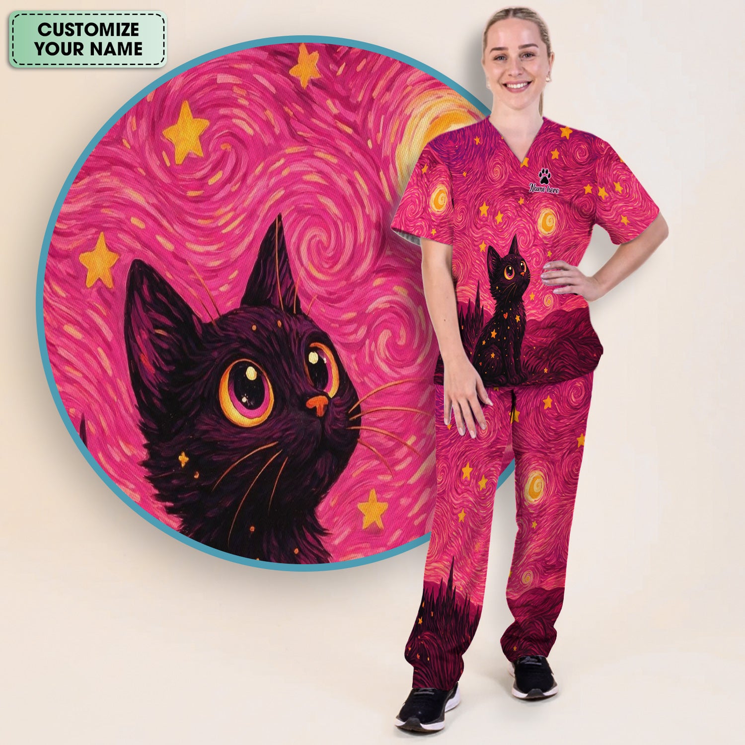 Personalized Black Cat Galaxy Star Swirl Pattern Scrub Set, Scrub Pants and V Neck Top