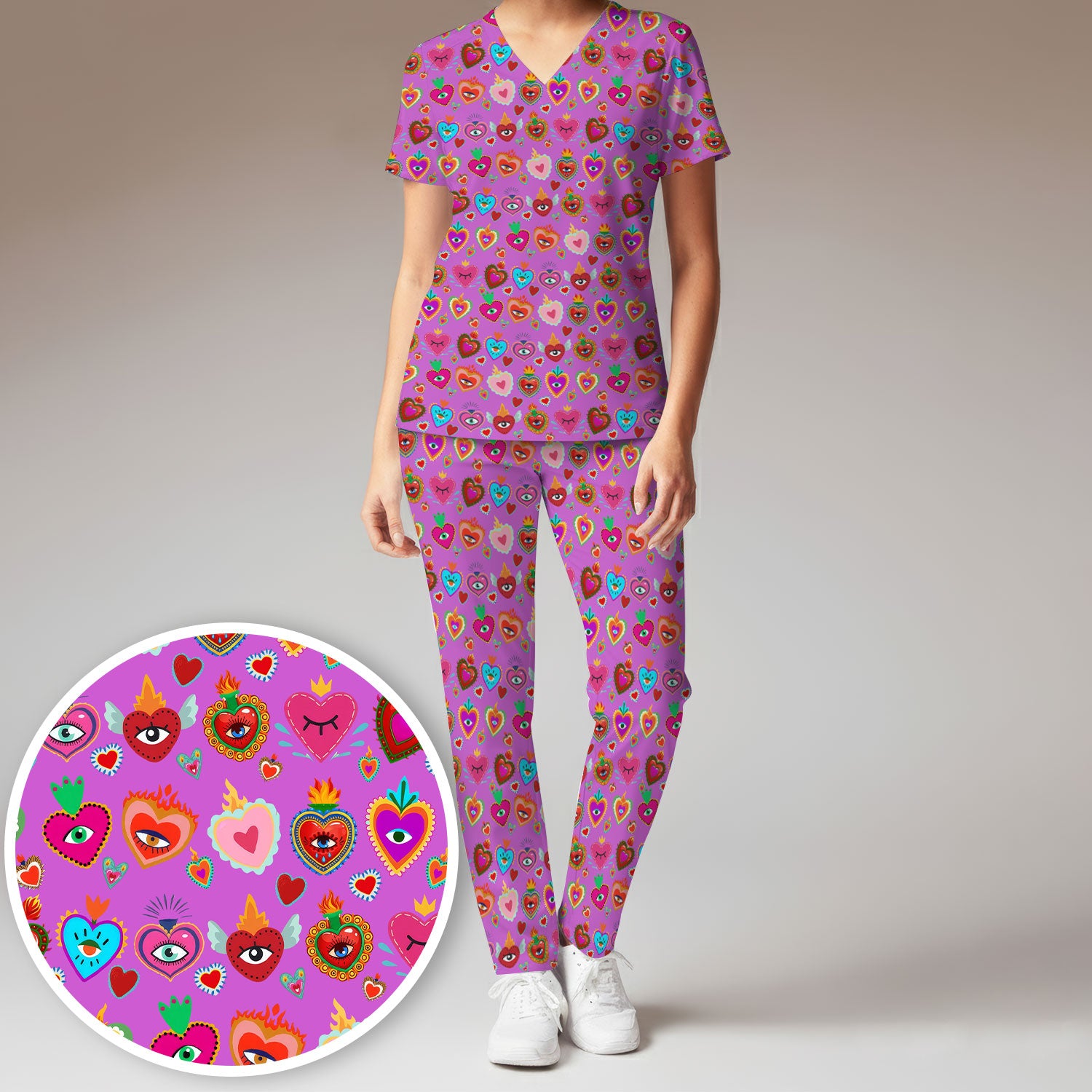 Valentine Colorful Sacred Heart Print Women's Scrub Set, Scrub Pants and V Neck Top