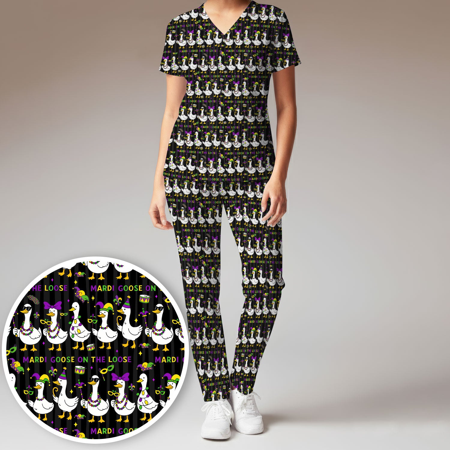 Mardi Gras Goose Nurse Scrub Set, Funny Carnival Medical Pattern Nurse Shirt, Breathable Fabrics Nursing Uniform