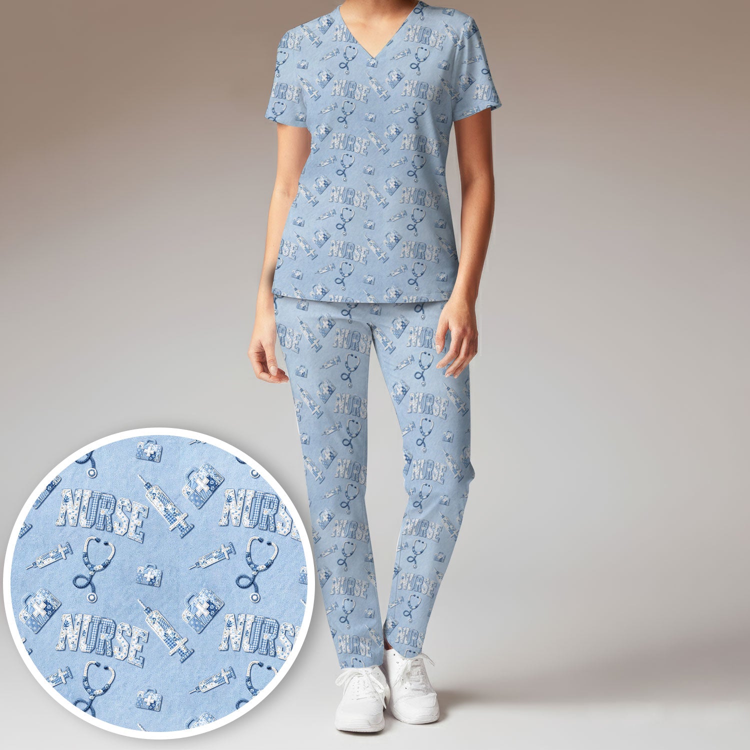 Blue Nurse Medical Pattern Scrub Set, Scrub Pants and V Neck Top