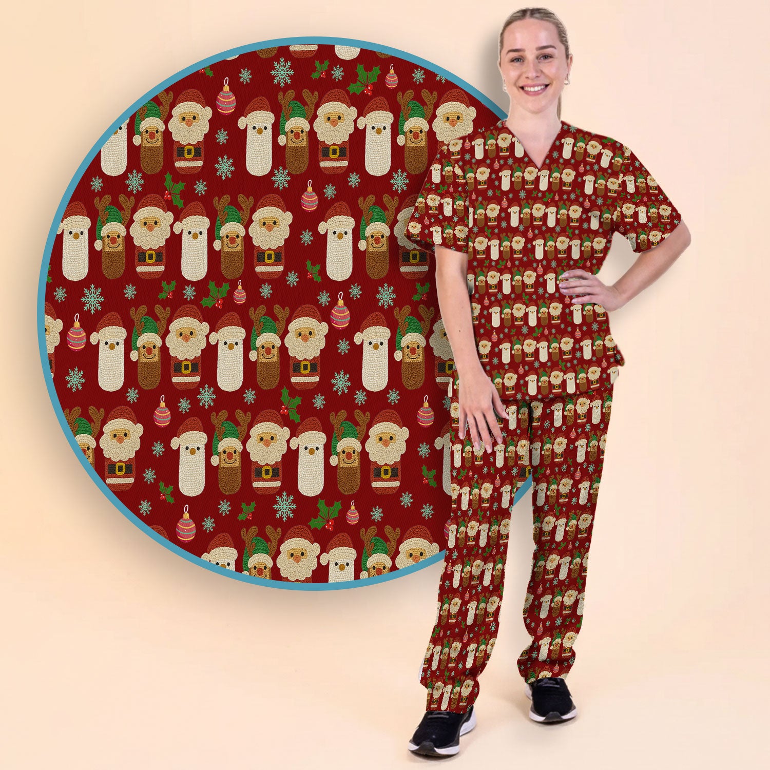 Christmas Santa Reindeer Snowman Scrub Set - Holiday Chill Pill Scrubs Pants and V Neck Top - Funny Medical Uniform for Women
