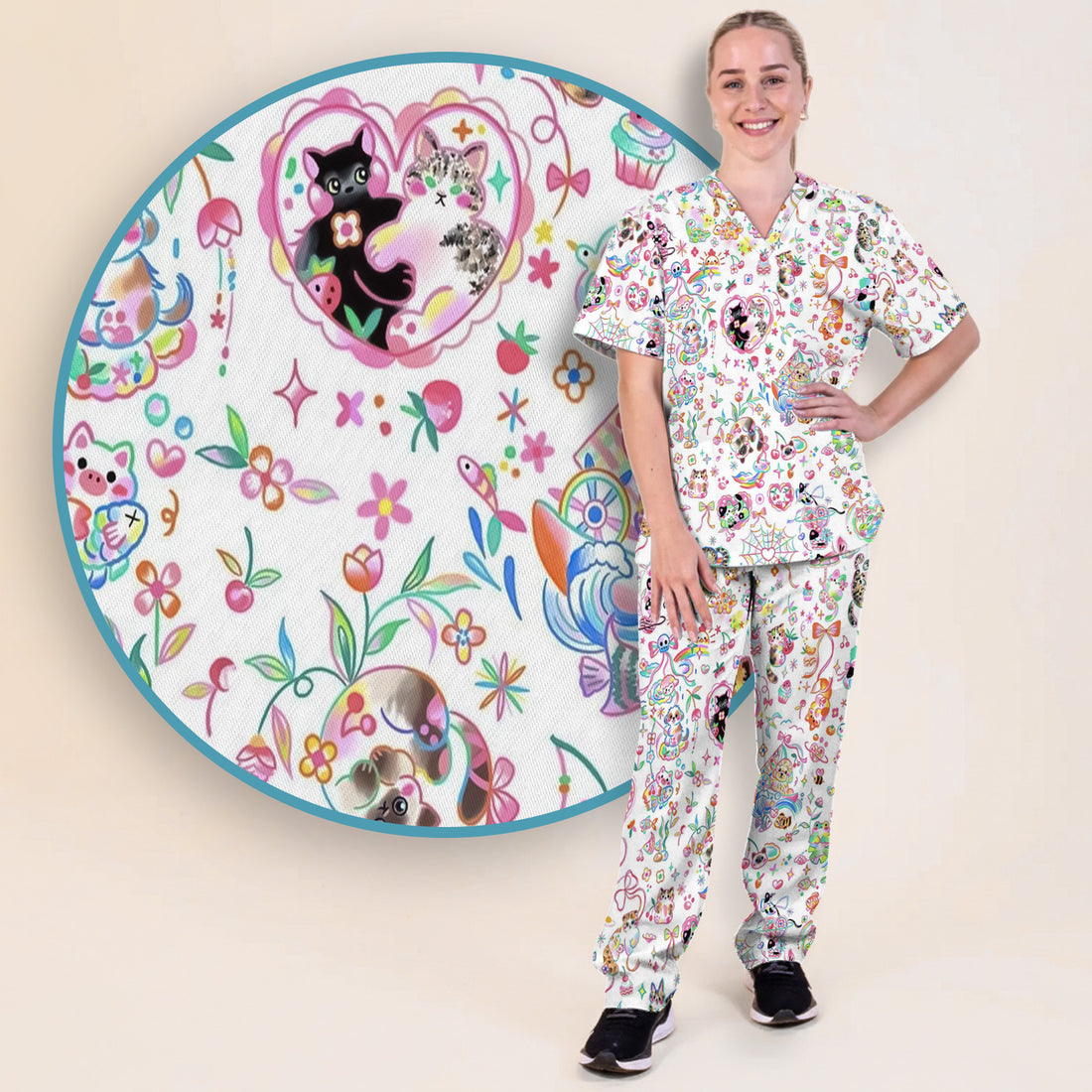 Cute Kawaii Animal Rainbow Heart Pattern Scrub Set, Scrub Pants and V Neck Top