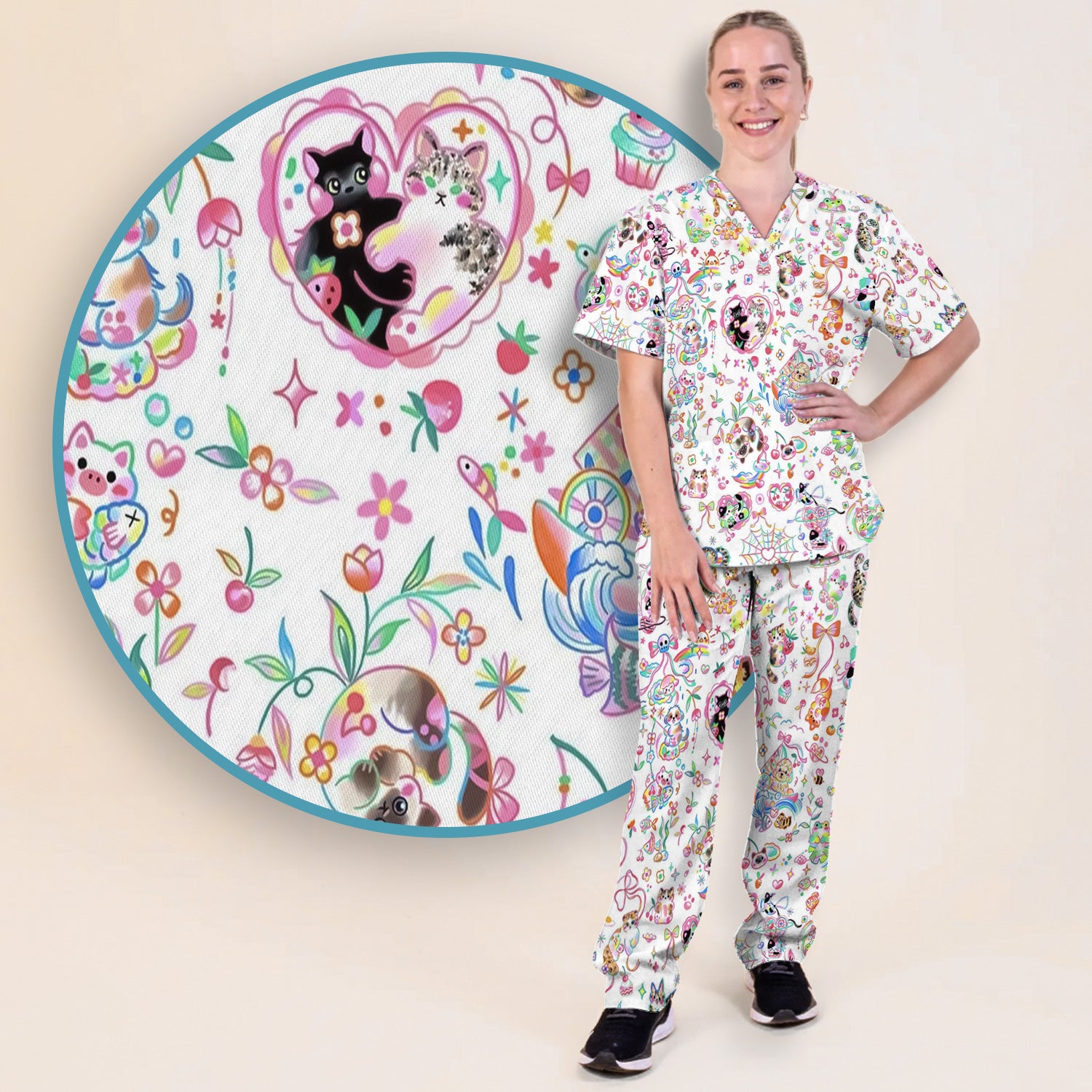 Cute Kawaii Animal Rainbow Heart Pattern Scrub Set, Scrub Pants and V Neck Top
