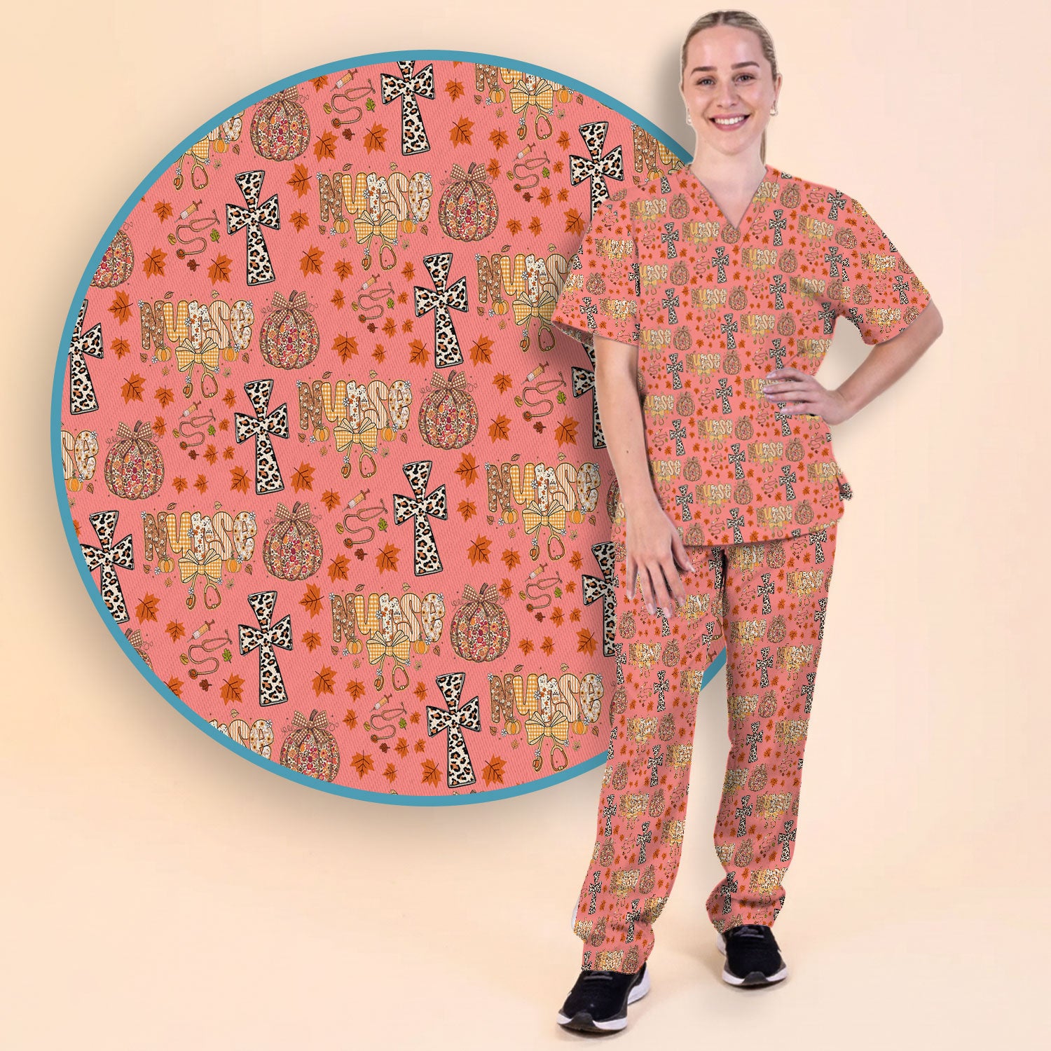 I Will Praise Him In Every Season - Boho Pumpkin Leopard Cross Fall Scrub Sets for Nurse - Thanksgiving Med Uniform for Women