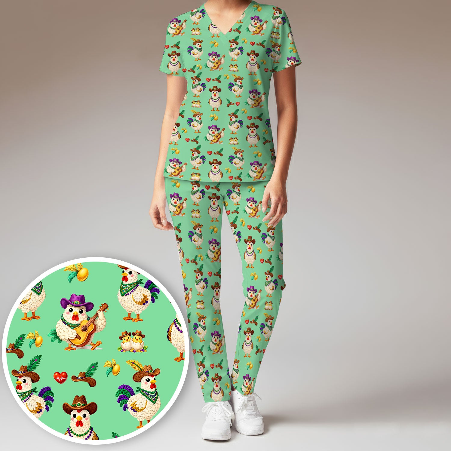 Funny Mardi Gras Rooster Cowboy Print Set, Women's Scrub Sets