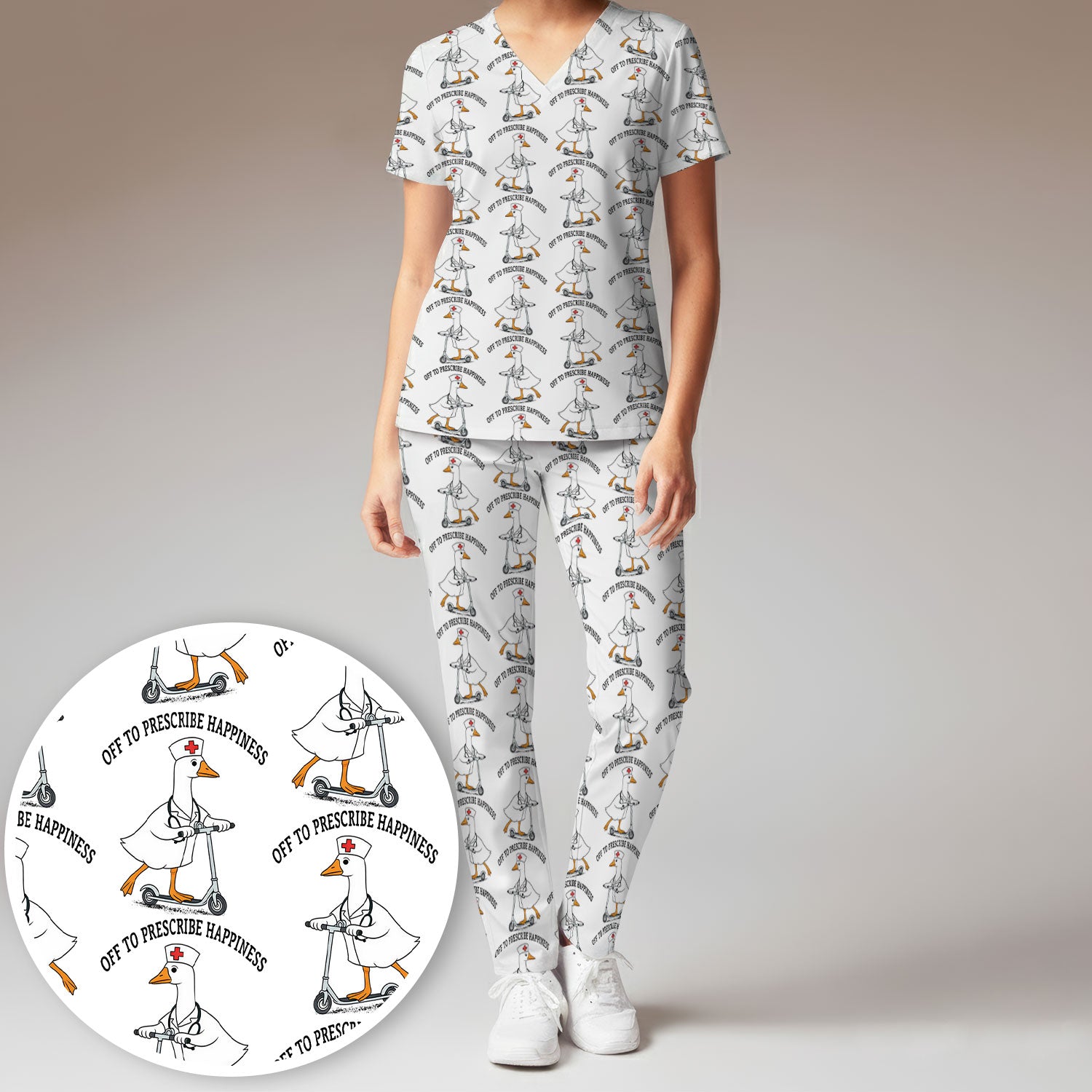 Nurse Goose Scooter Print Scrub Set, Breathable Med Uniform