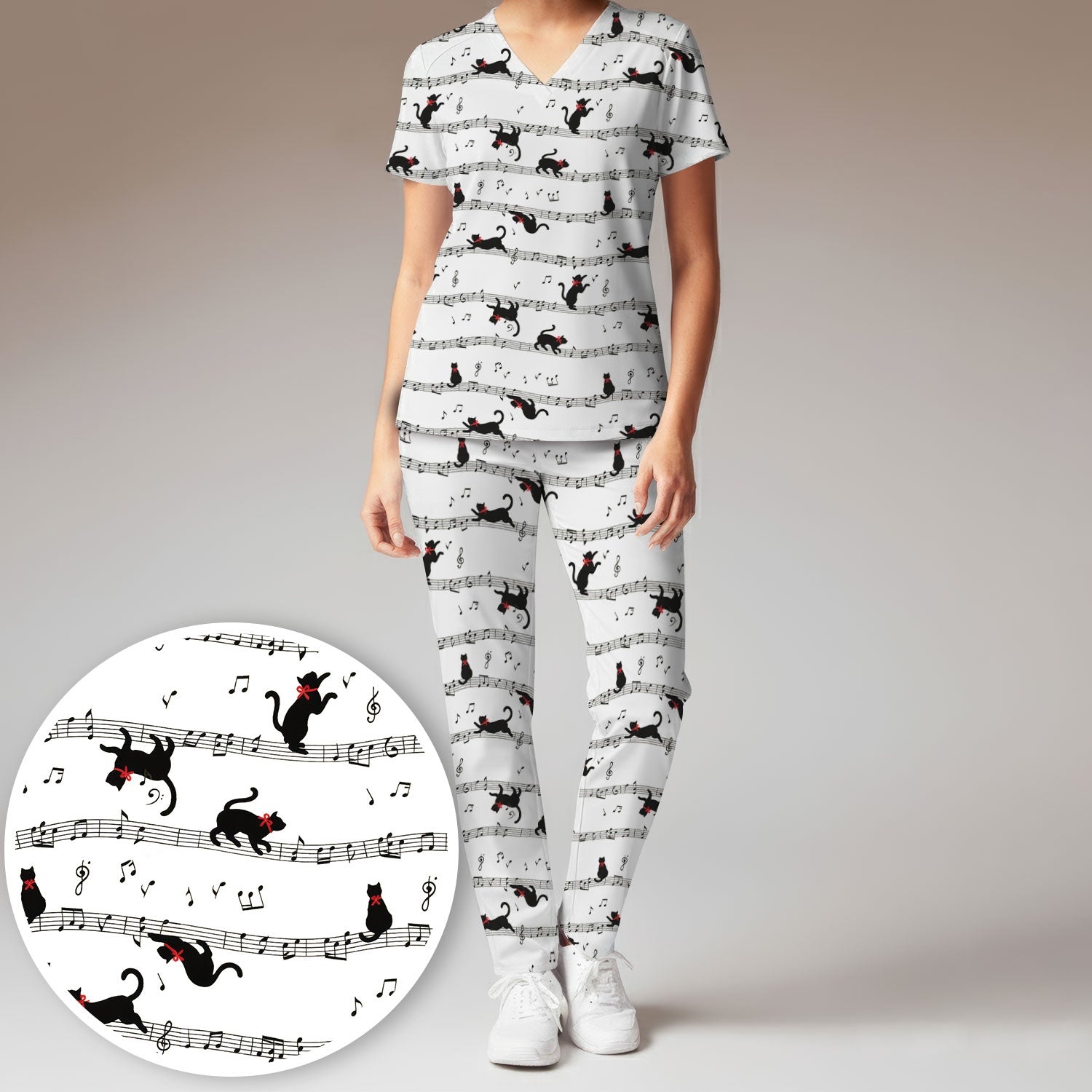 Cute Dancing Black Cat Music Staff Pattern Scrub Set, Scrub Pants and V Neck Top