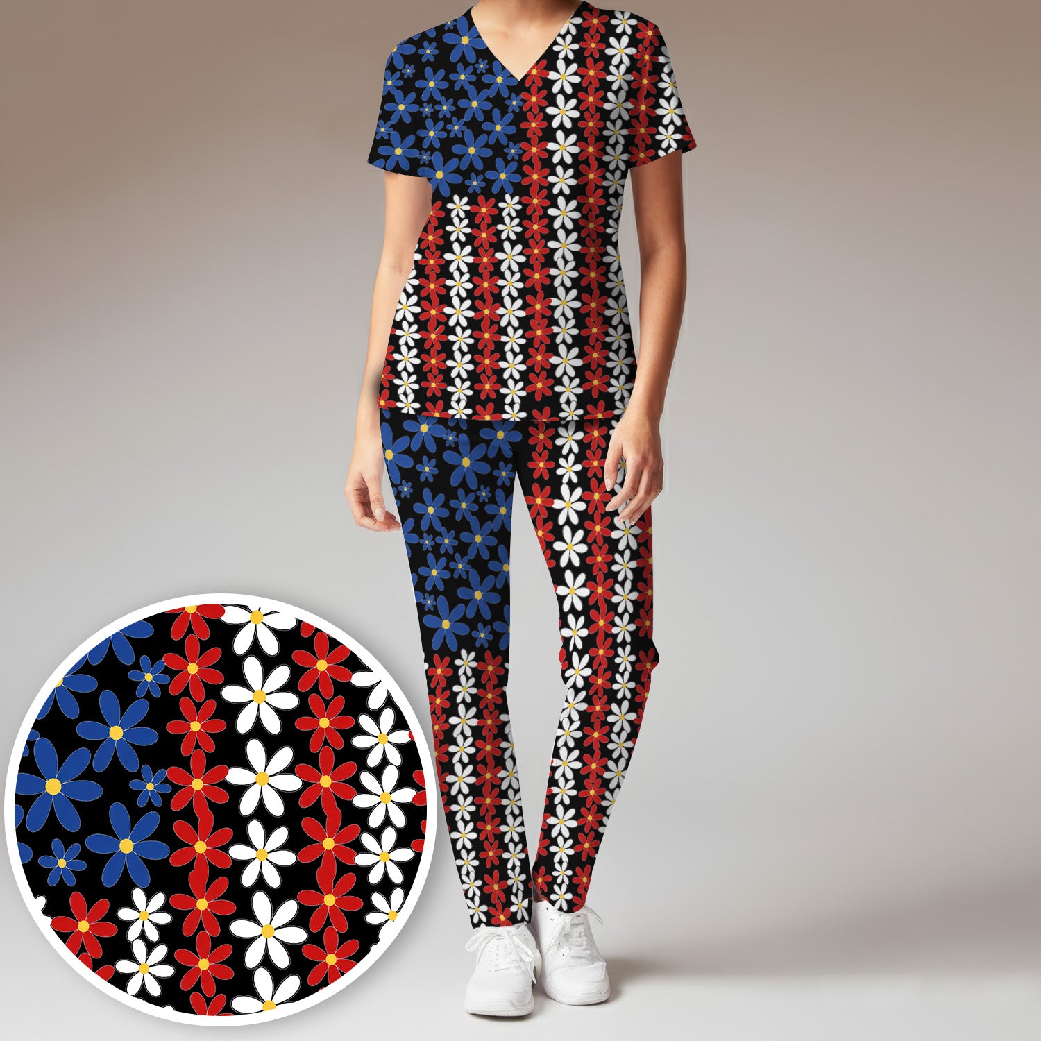 Retro Red Blue Daisy Stripe Pattern Scrub Top, Breathable Fabrics Nursing Uniform