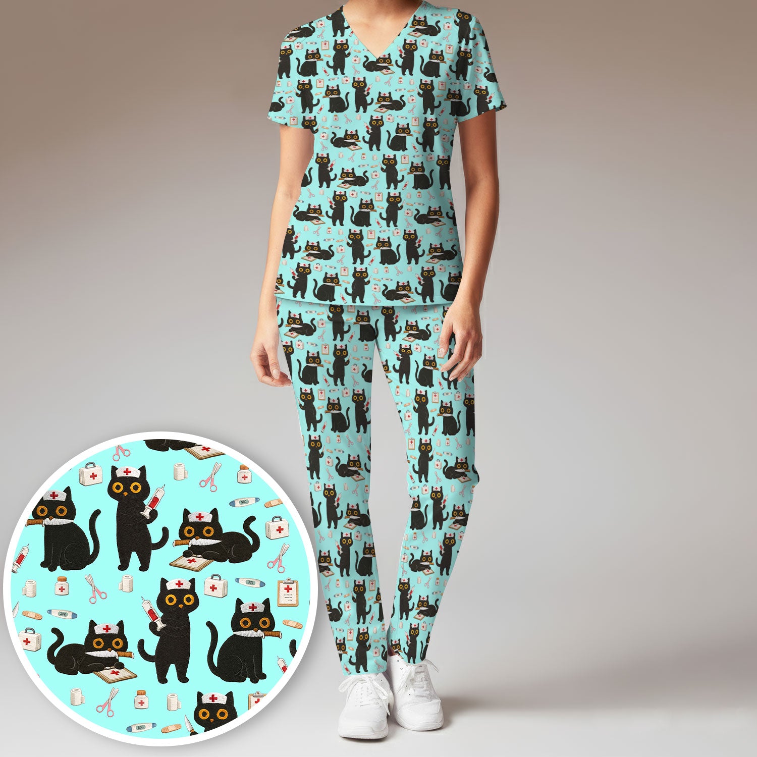 Cute Black Cat Nurse Pattern Women's Scrub Set, Breathable Med Uniform