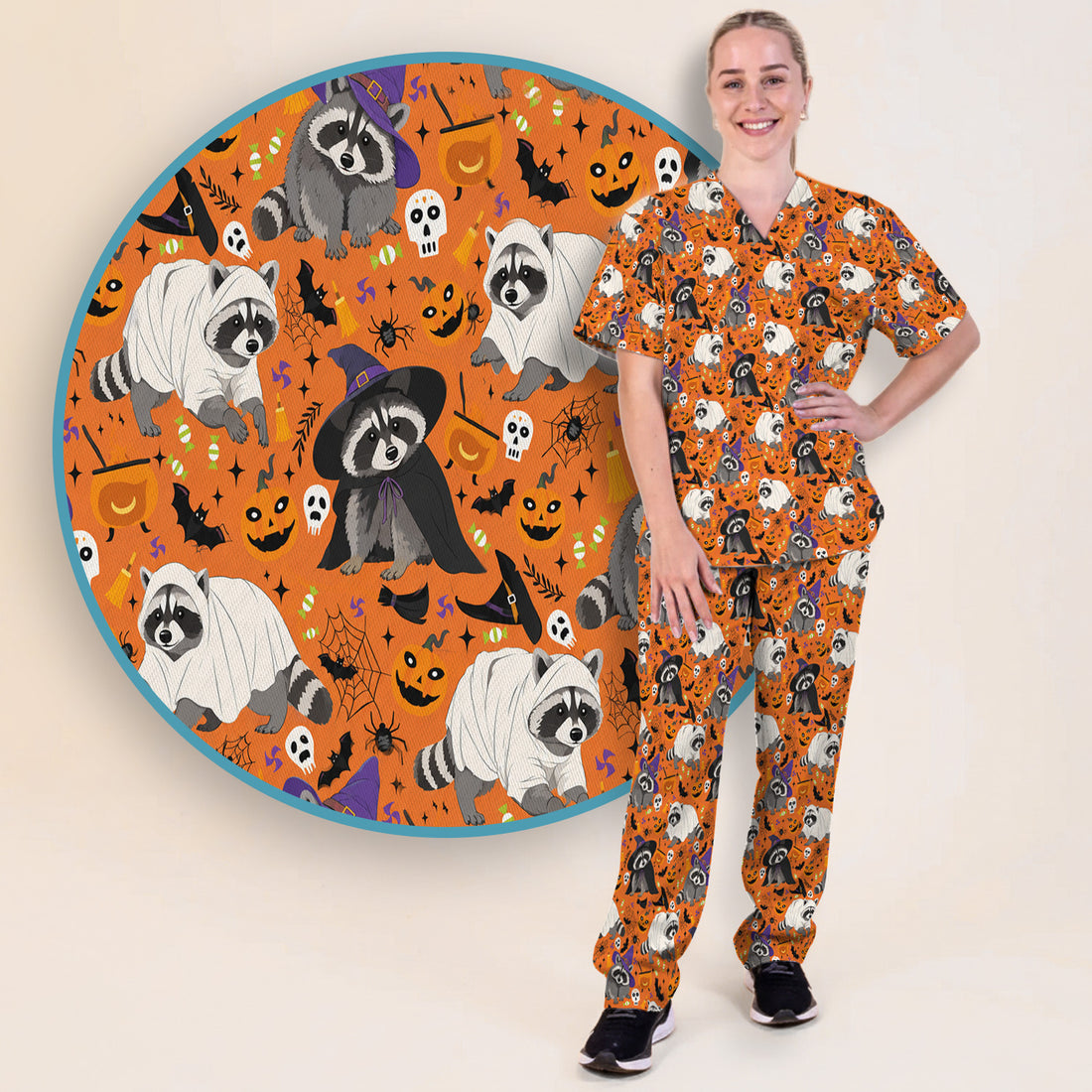 Cute Halloween Raccoon Costumes Print Scrub Set, Scrub Pants and V Neck Top