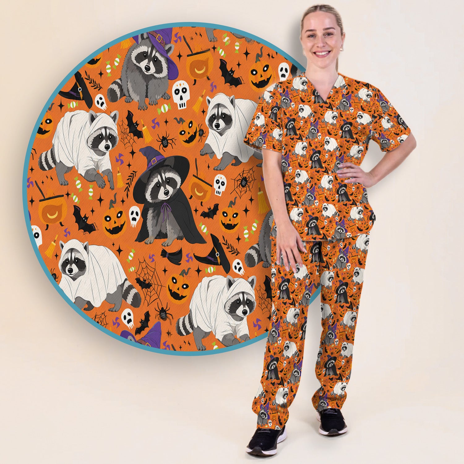 Cute Halloween Raccoon Costumes Print Scrub Set, Scrub Pants and V Neck Top