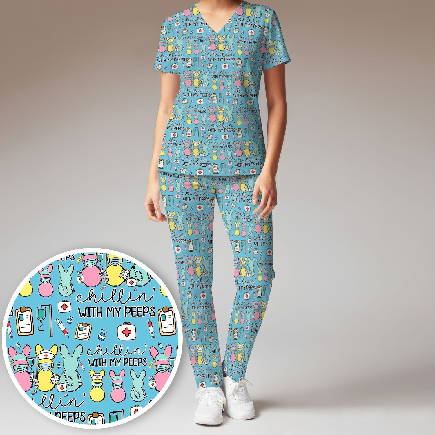 Cute Bunny Nurse Chillin With My Peeps Scrub, Women's Scrub Sets
