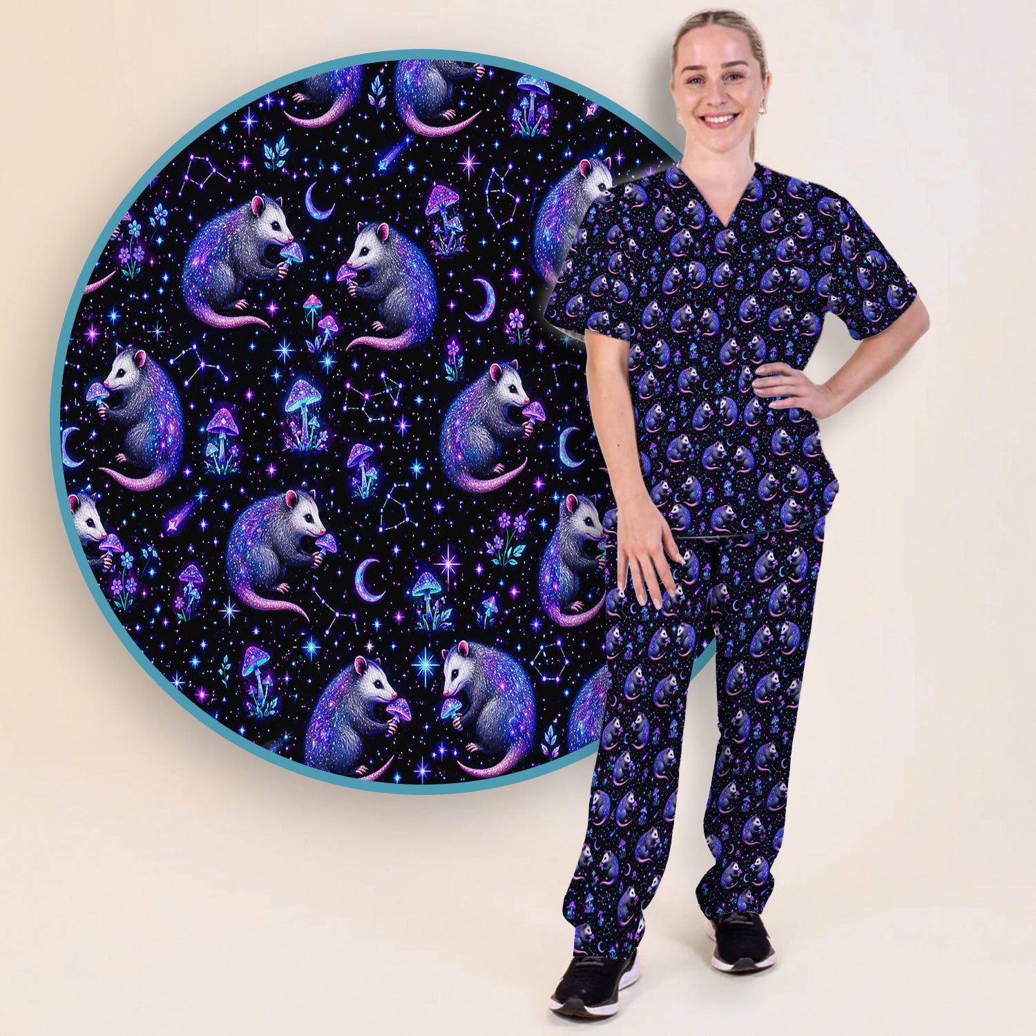 Celestial Purple Opossum With Mushroom Pattern Scrub Set, Scrub Pants and V Neck Top