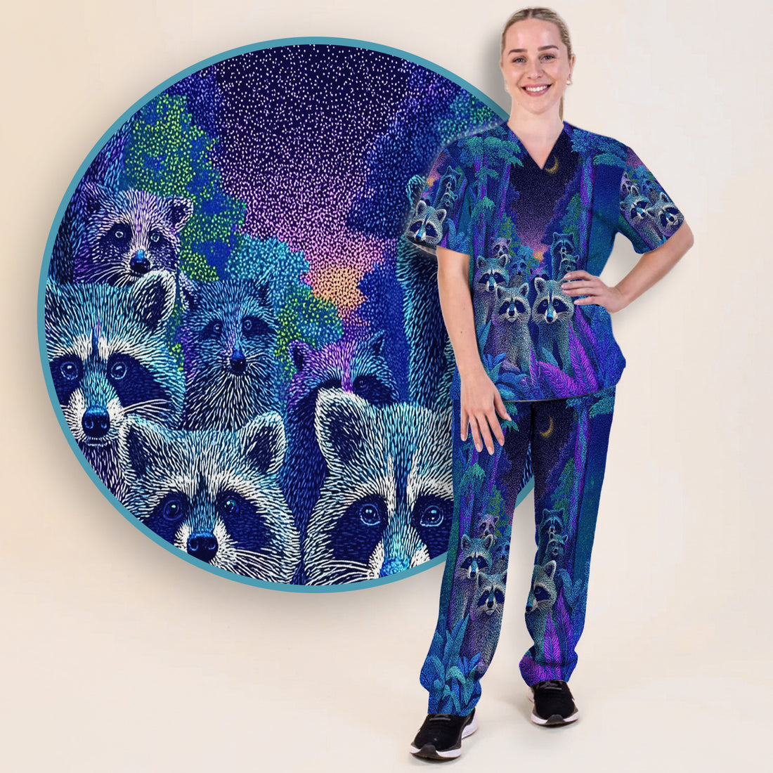 Moonlit Raccoon Pattern Scrub Set, Scrub Pants and V Neck Top