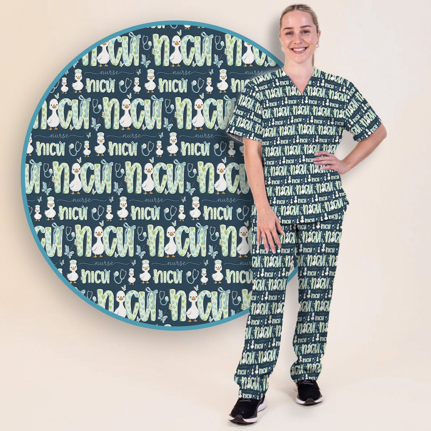 NICU Nurse Duck Pattern Scrub Set, Scrub Pants and V Neck Top