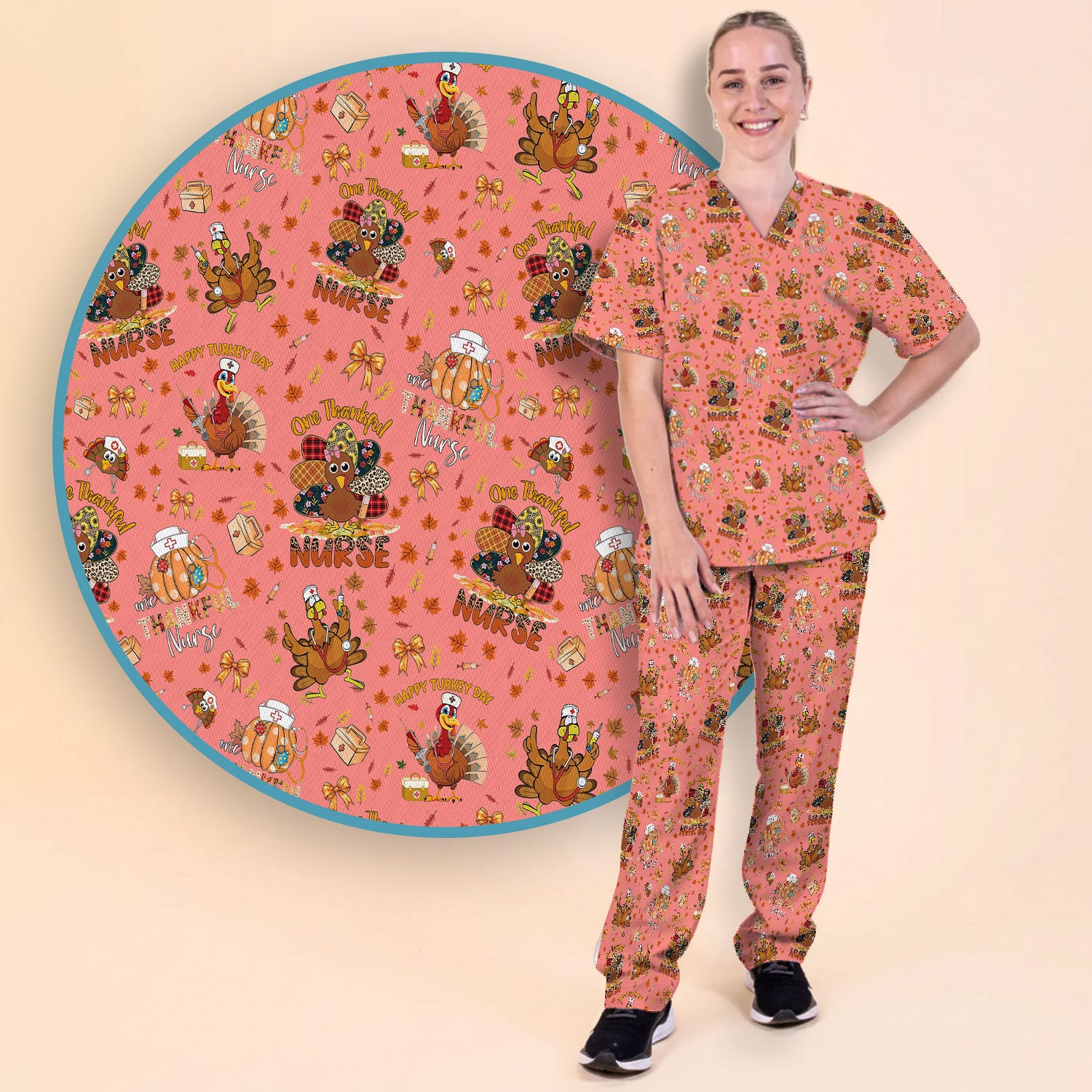 Thanksgiving Scrub Set for Women - Turkey Pumpkin Scrub Top and Pants for Nurses - Fall Med Uniform for RN CNA LPN
