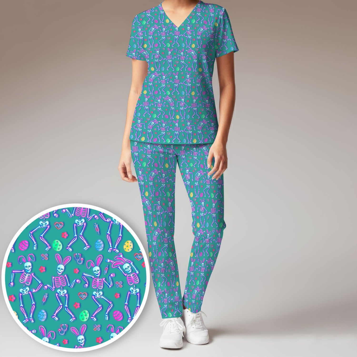Neon Easter Skeleton Print Scrub Set, Scrub Pants and V Neck Top