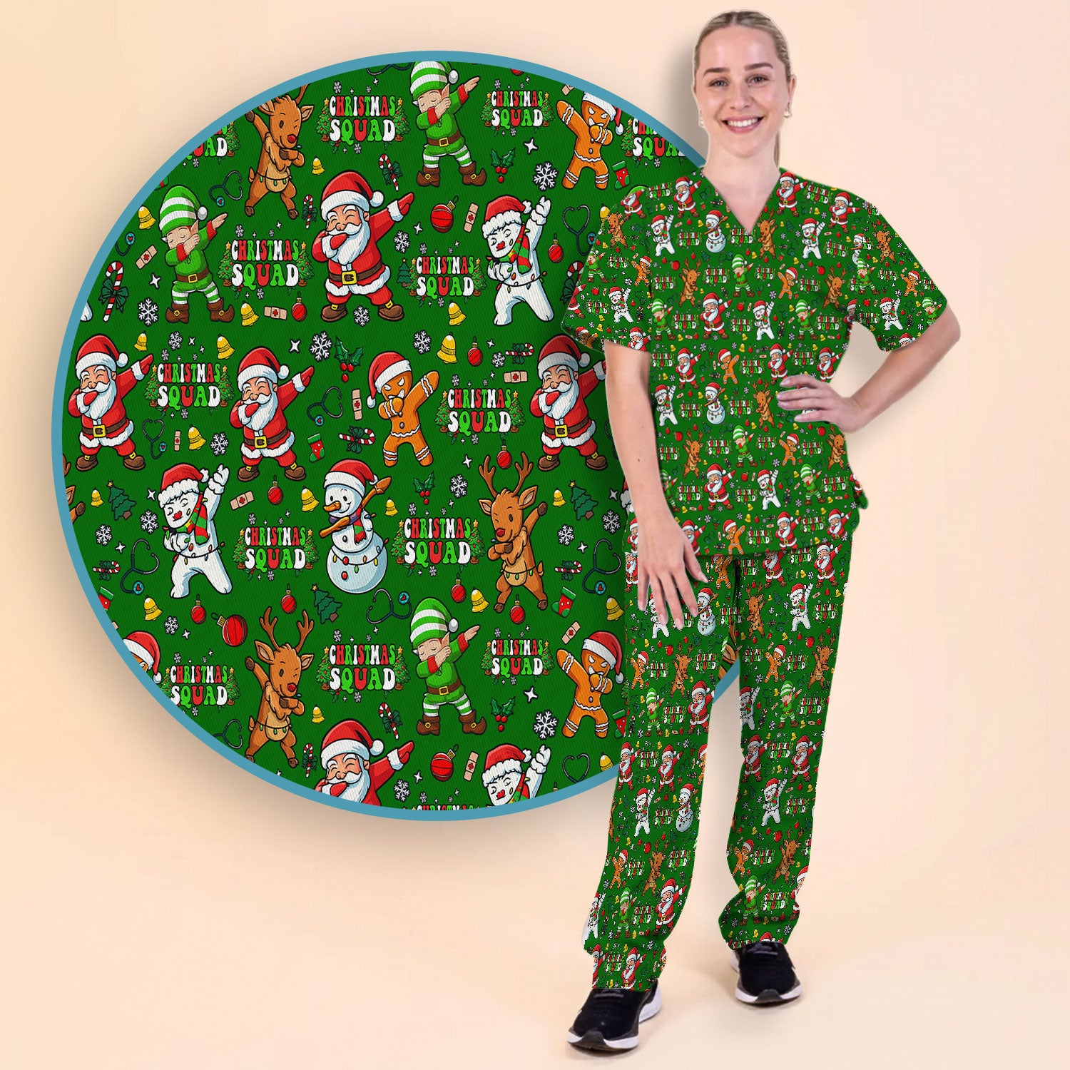 Christmas Squad Scrub Set - Dancing Santa, Reindeer & Elf Pants and V Neck Top - Funny Holiday Gift for Nurses, Doctors & Vet Techs