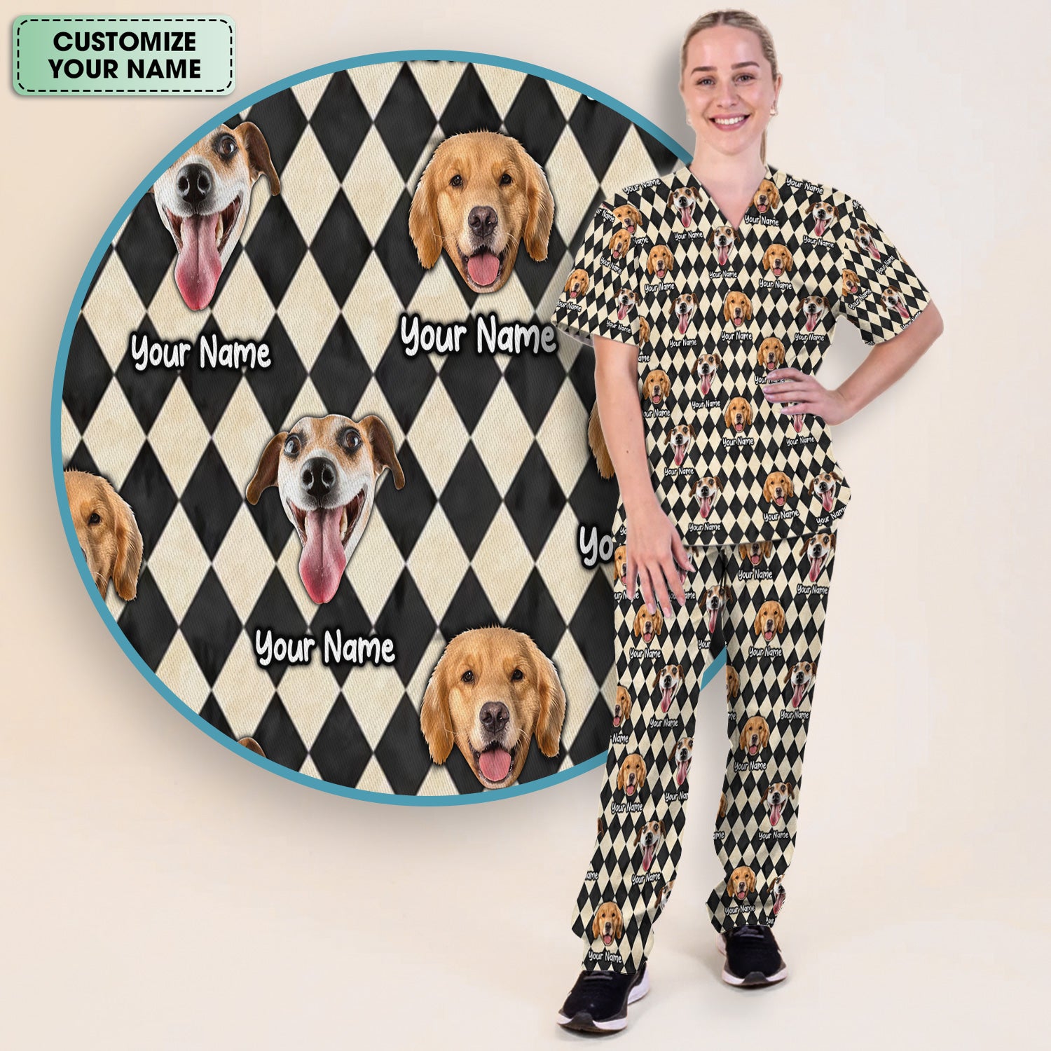 Personalized Pet Portrait Argyle Scrub Set, Scrub Pants and V Neck Top