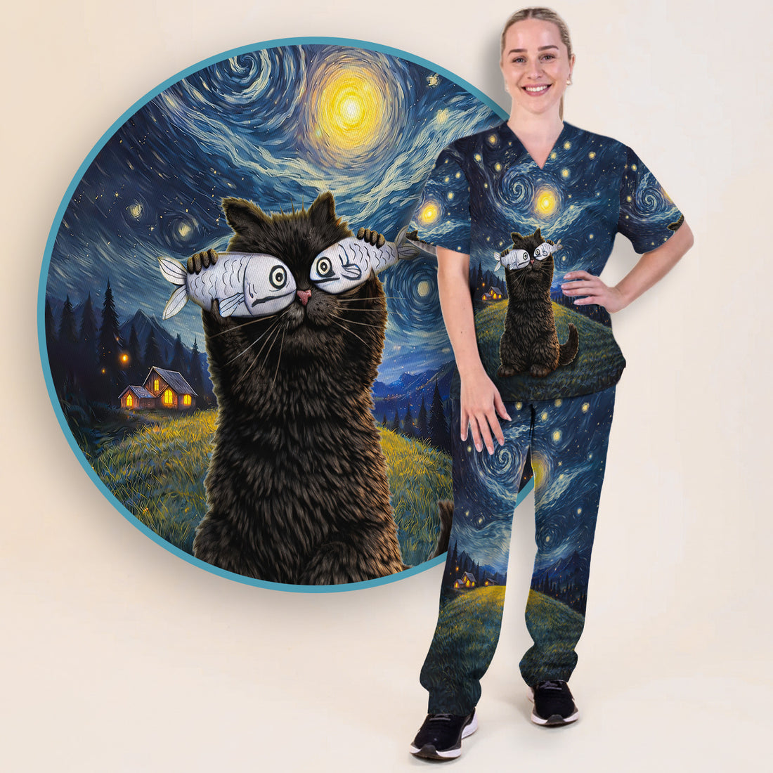 Galaxy Swirl Cat Art V Neck Medical Scrub Set for Healthcare Workers
