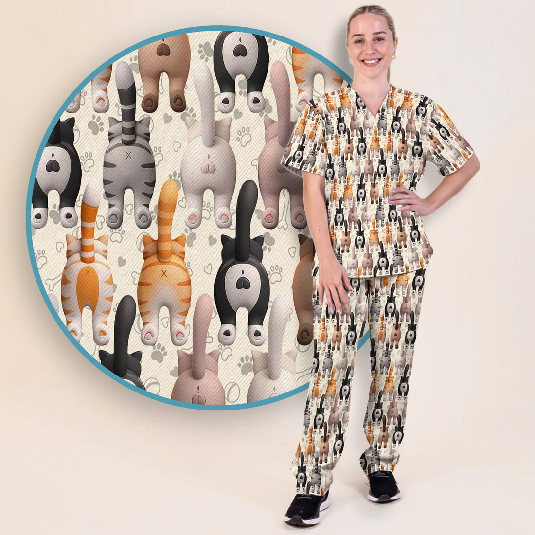 Funny Cat Butt Paw Print Pattern Scrub Set, Nurse Uniform Scrubs Set