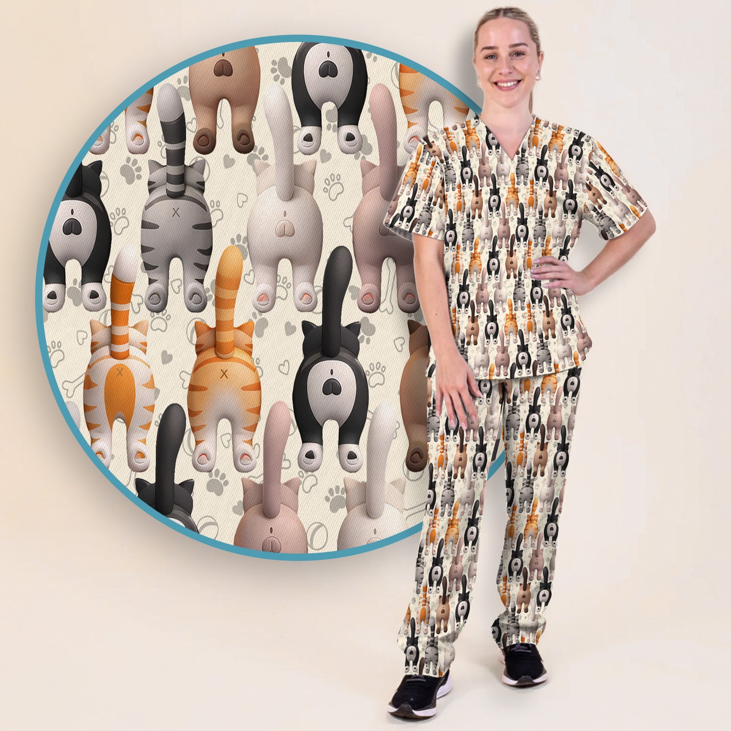 Funny Cat Butt Paw Print Pattern Scrub Set, Nurse Uniform Scrubs Set