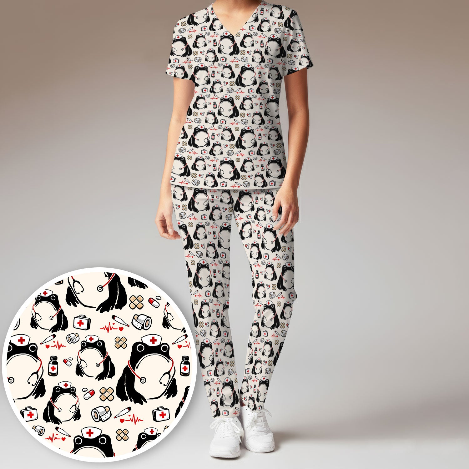 Cute Frog Nurse Medical Pattern Scrub Set, Breathable Med Uniform