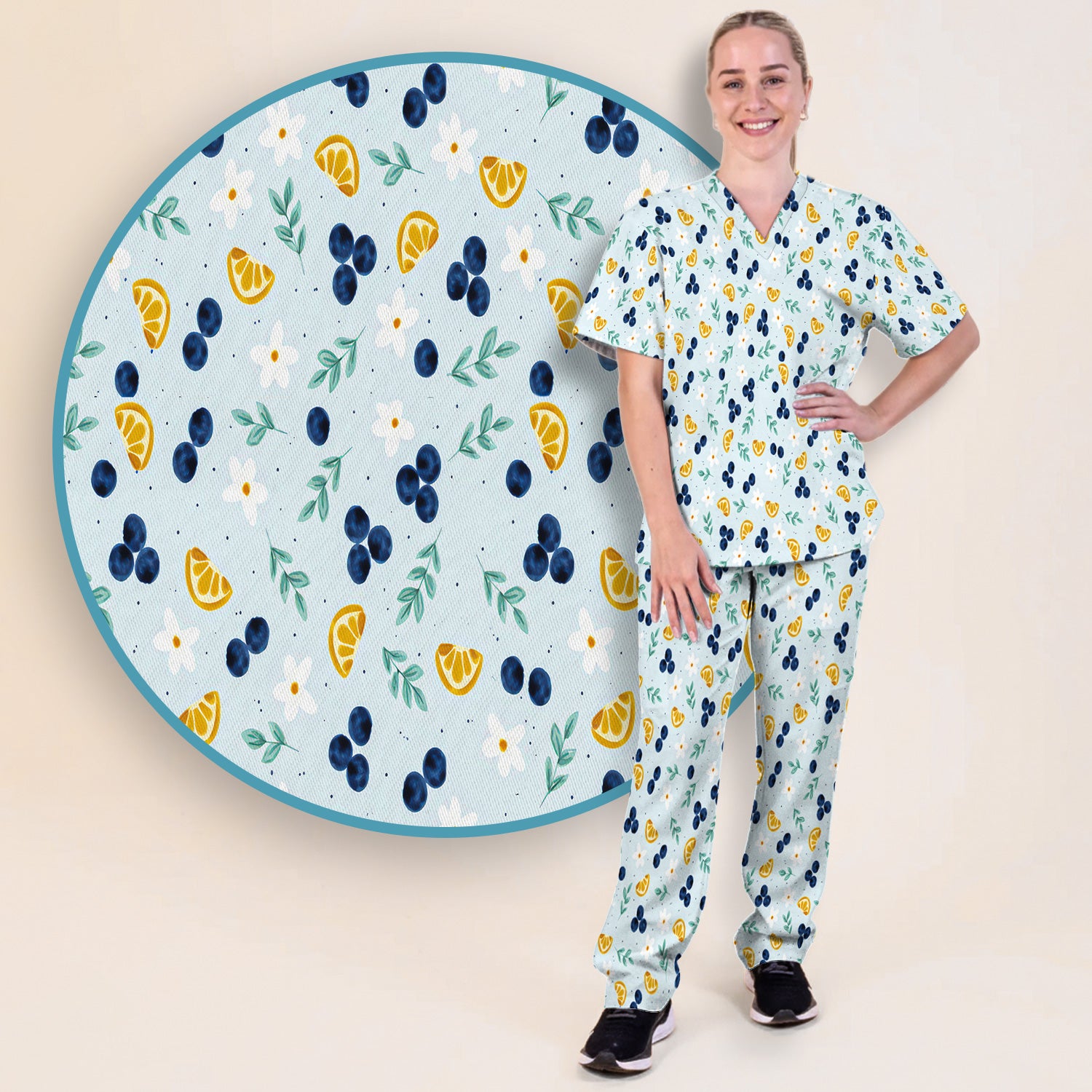 Blueberry Lemon Daisy Pattern Scrubs Sets, Scrub Pants and V Neck Top