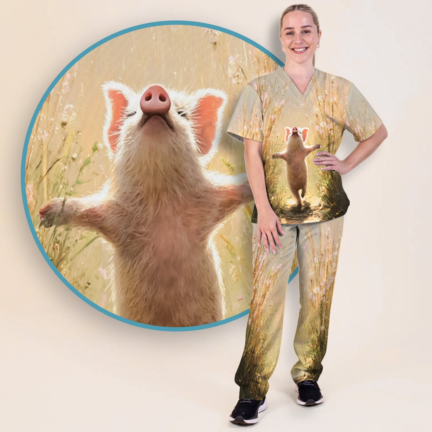 Happy Pig Running Meadow Pattern Nurse Scrub Set, Scrub Pants and V Neck Top
