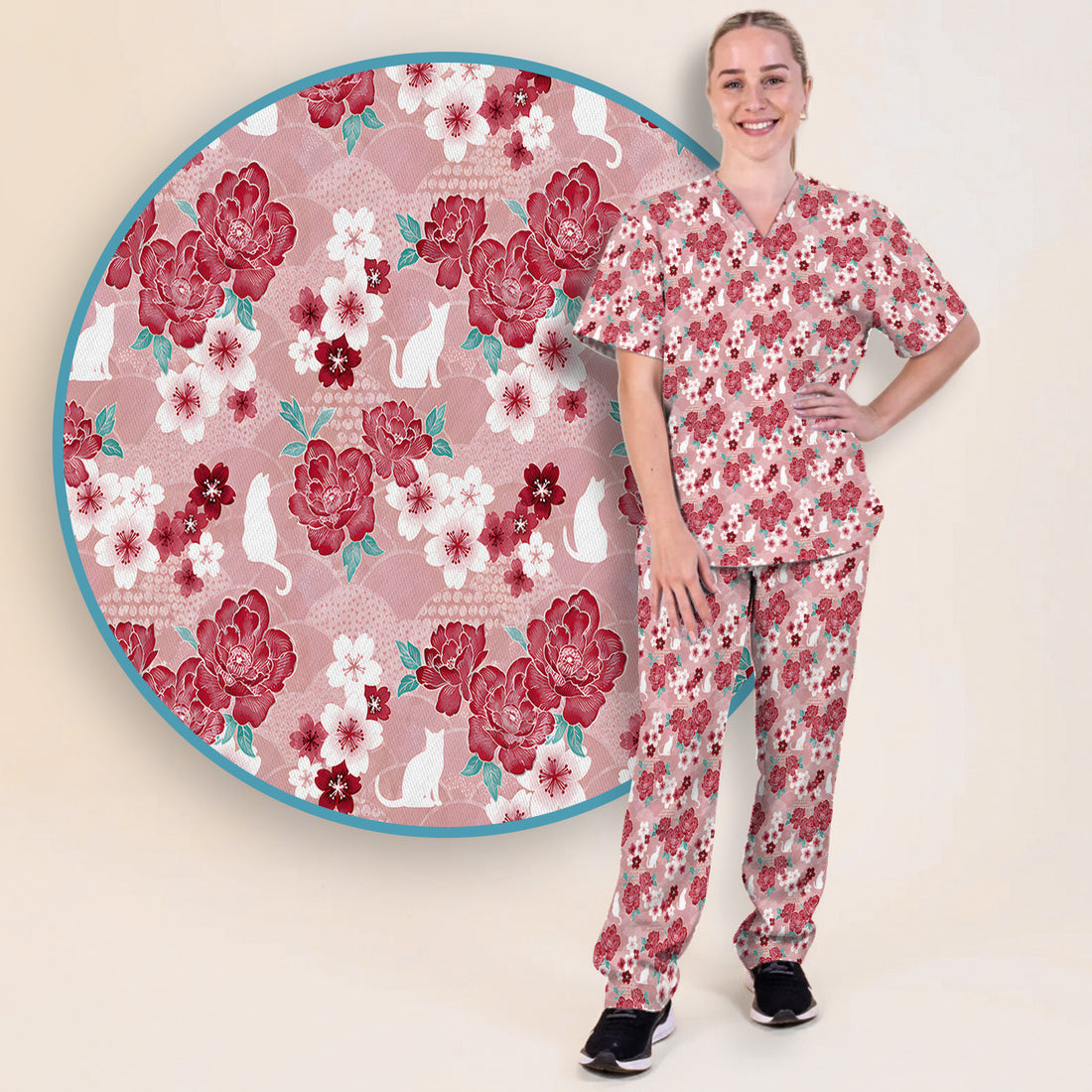 Floral White Cat Nurse Scrub Set, Scrub Pants and V Neck Top