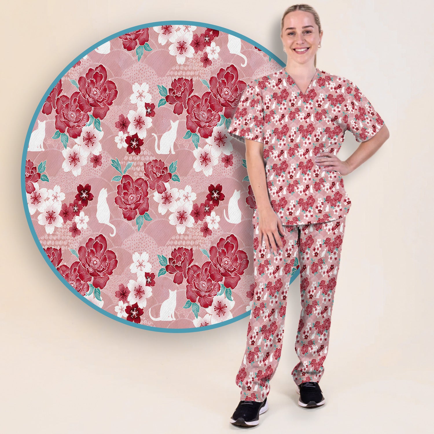 Floral White Cat Nurse Scrub Set, Scrub Pants and V Neck Top